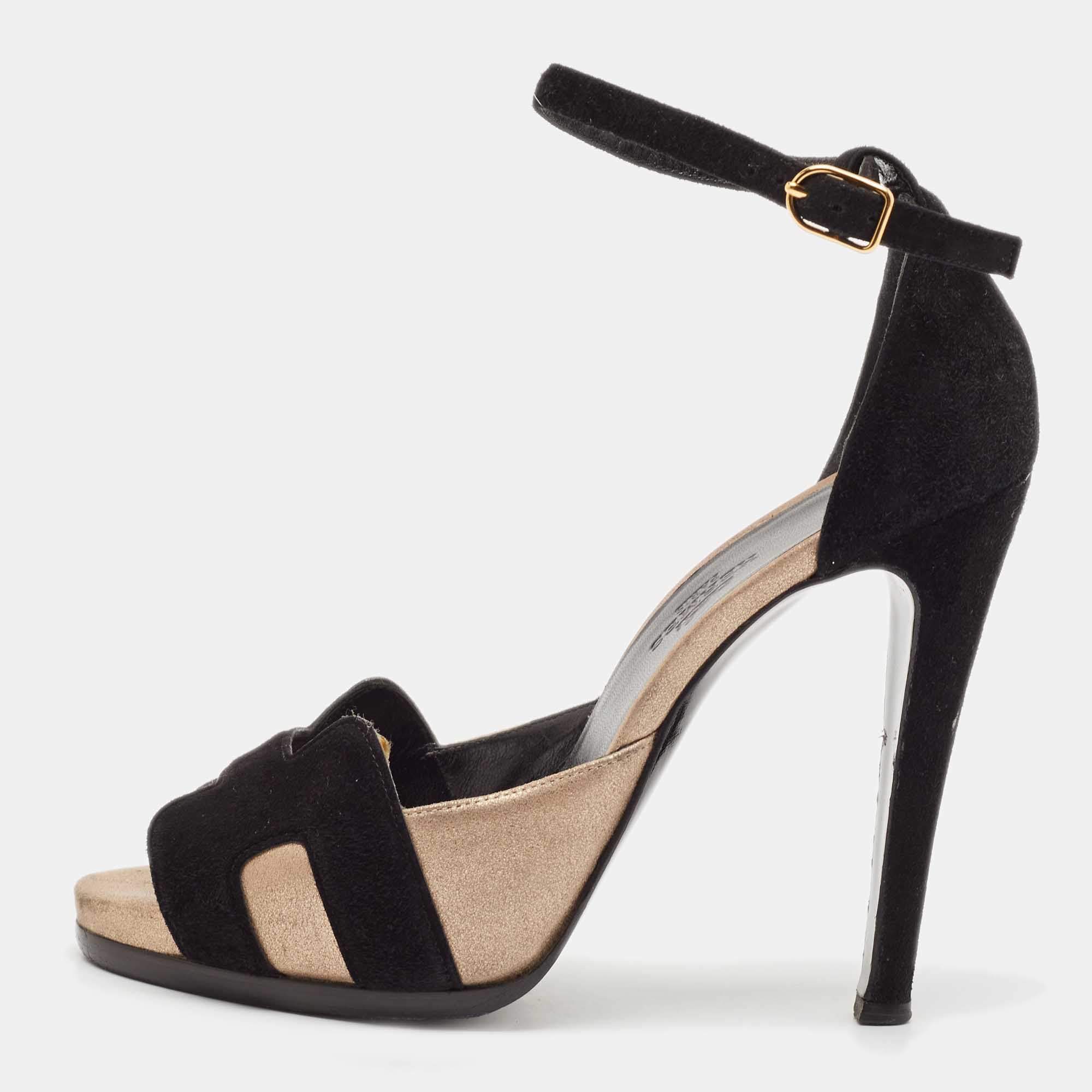 Hermès Black/Gold Metallic Suede Premiere 70 Sandals Size 37