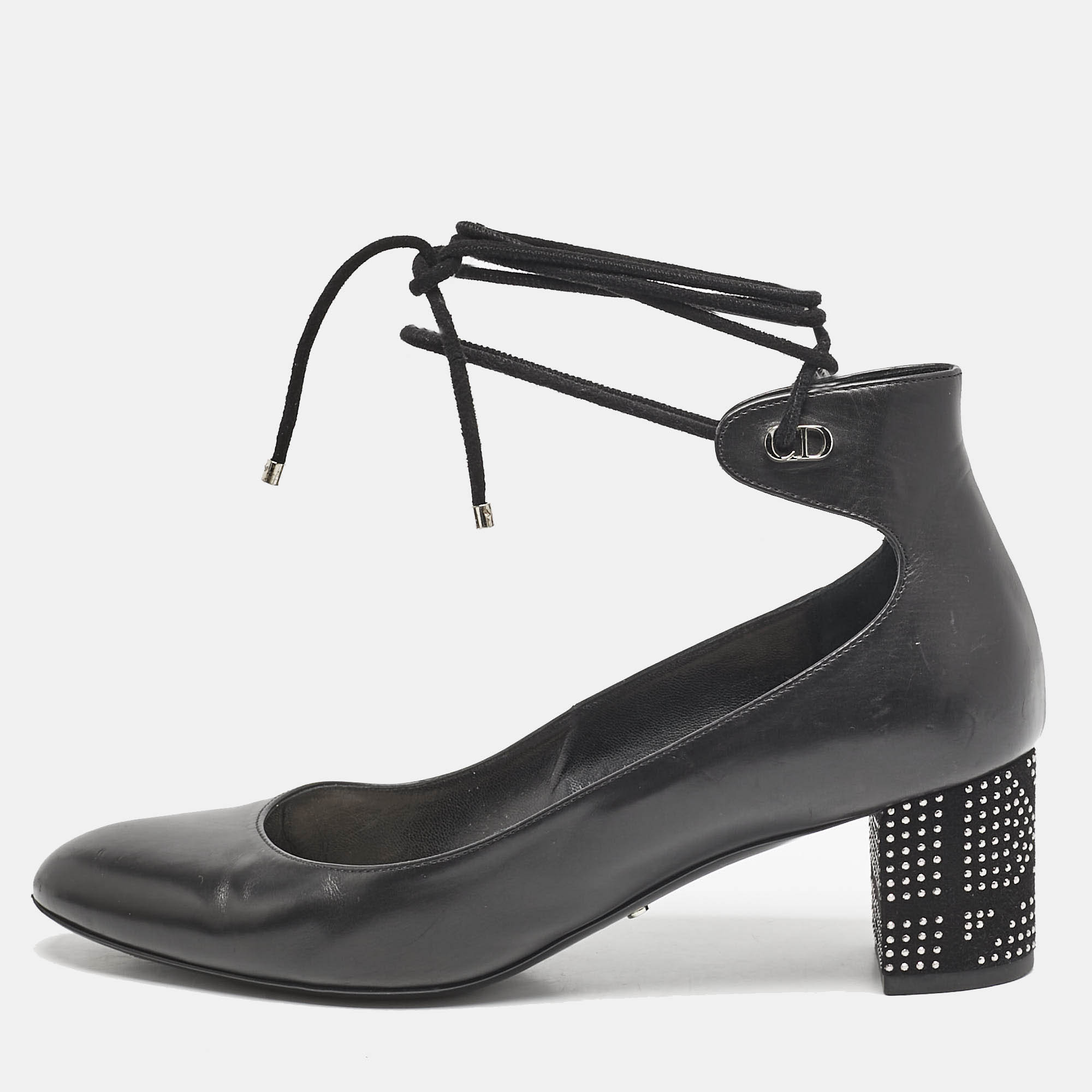 Dior Black Leather Block Heel Ankle Strap Pumps Size 38.5
