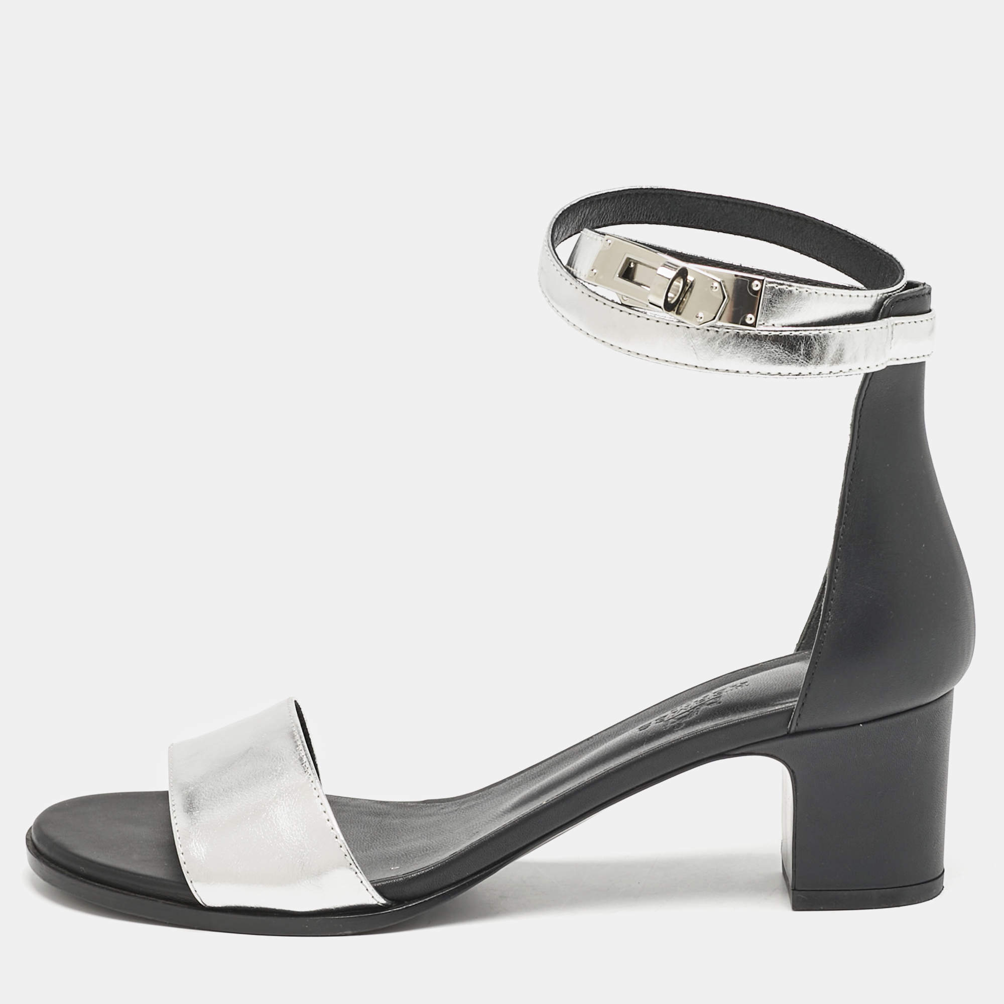 Pre Owned Hermes Silver Leather Manege Ankle Strap Sandals Size 38