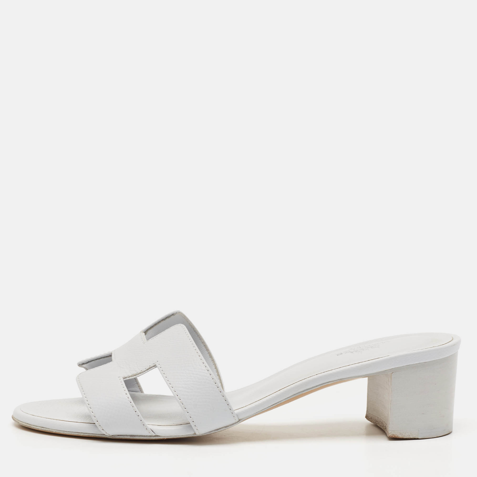 Pre Owned Hermes Grey Leather Oasis Slide Sandals Size 37