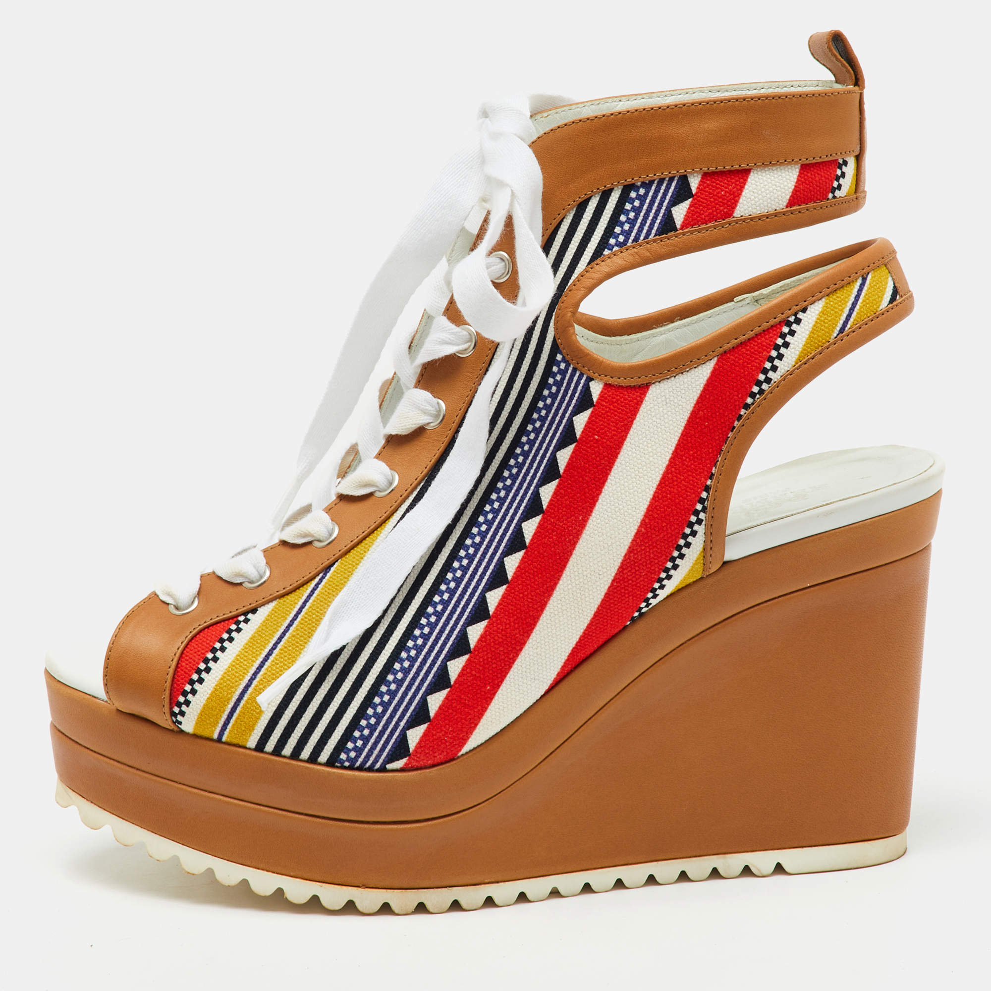 Hermes Multicolor Canvas and Leather Tribal Lace Up Platform Wedge Sandals Size 38