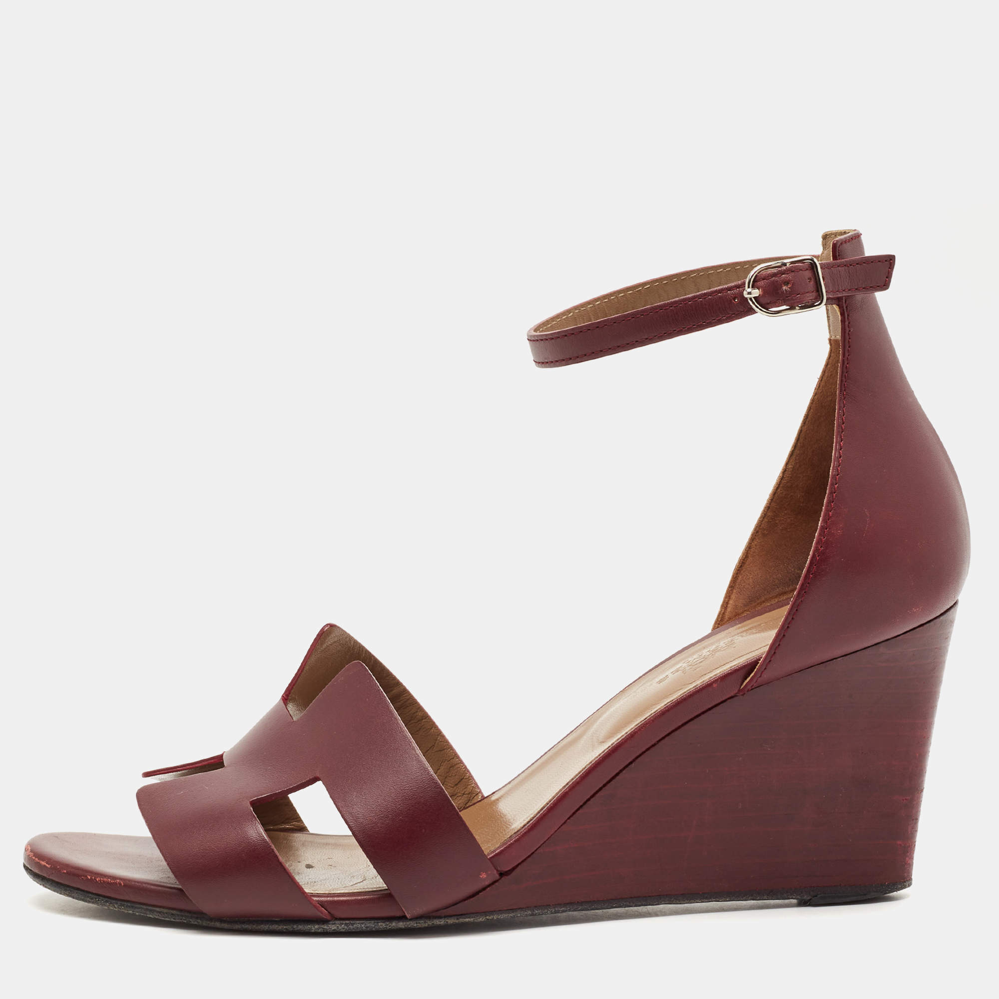 Pre Owned Hermes Burgundy Leather Legend Wedge Sandals Size 41