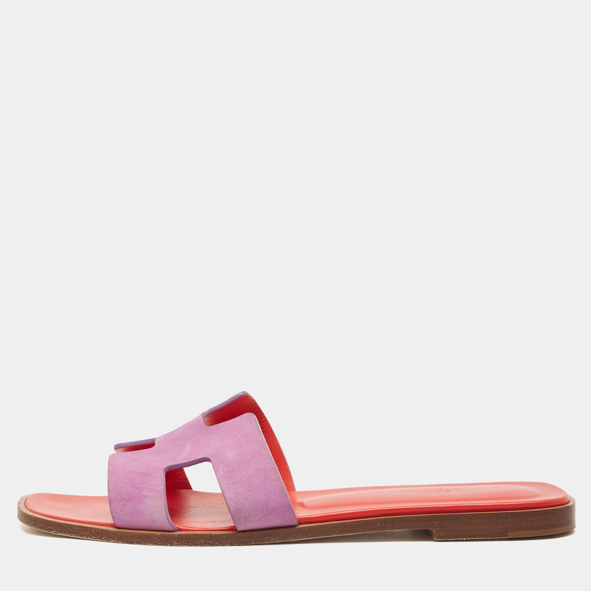 Pre Owned Hermes Purple Suede Oran Flat Slides Size 39.5