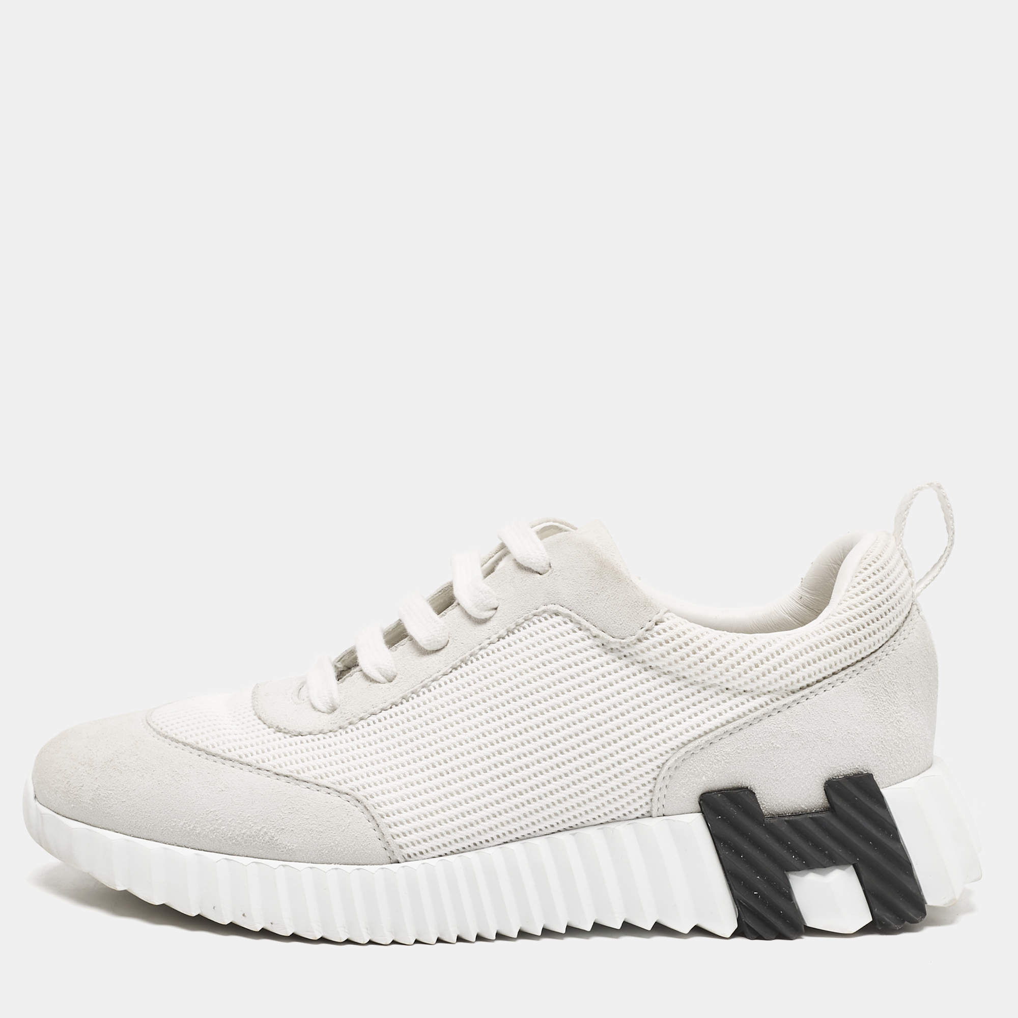 Hermes Grey/White Fabric and Suede Bouncing Low Top Sneakers Size 37
