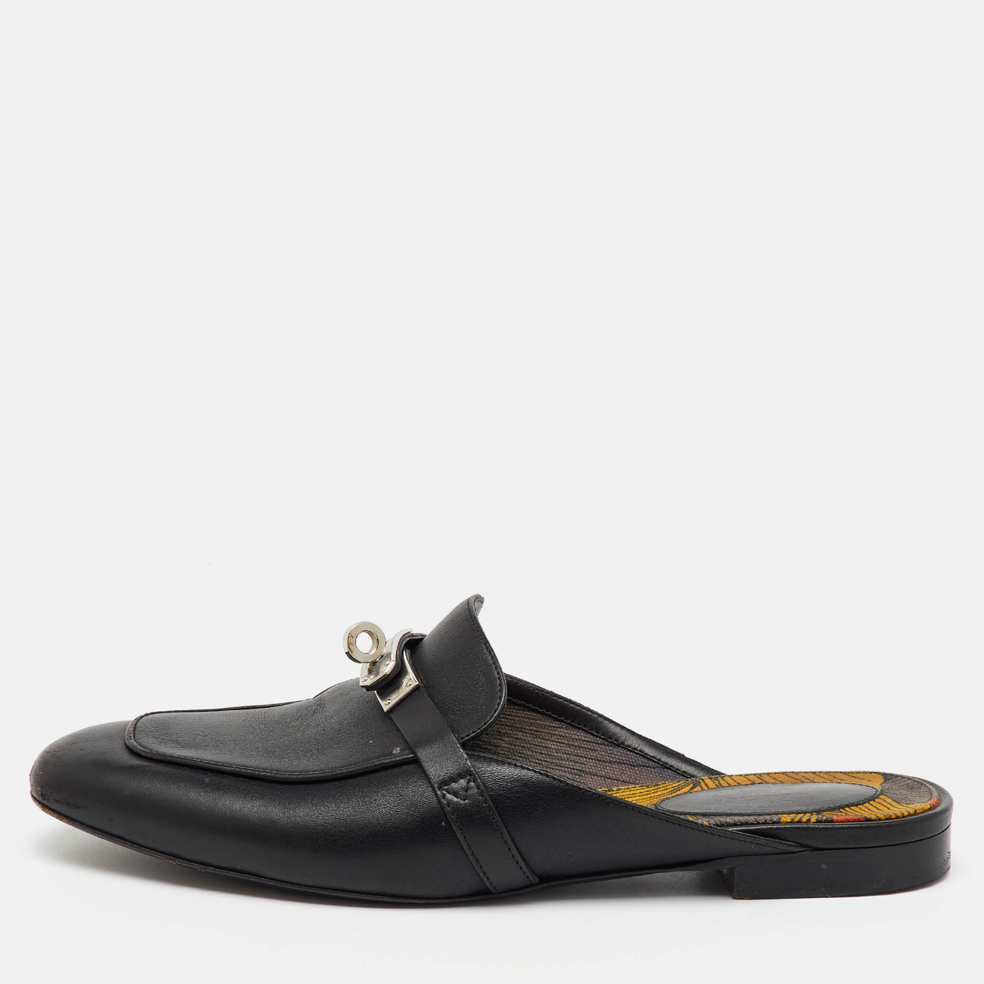 Hermès Black Leather Oz Flat Mules Size 38.5