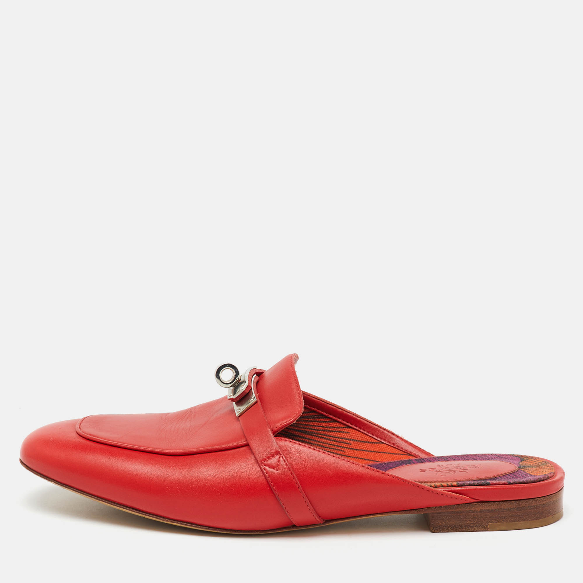 Hermes Red Leather Oz Flat Mules Size 38.5