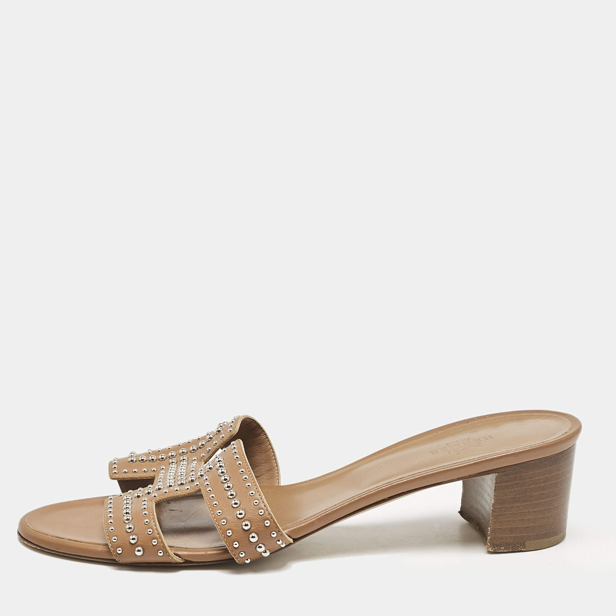 Hermes Brown Leather Oasis Slide Sandals Size 40