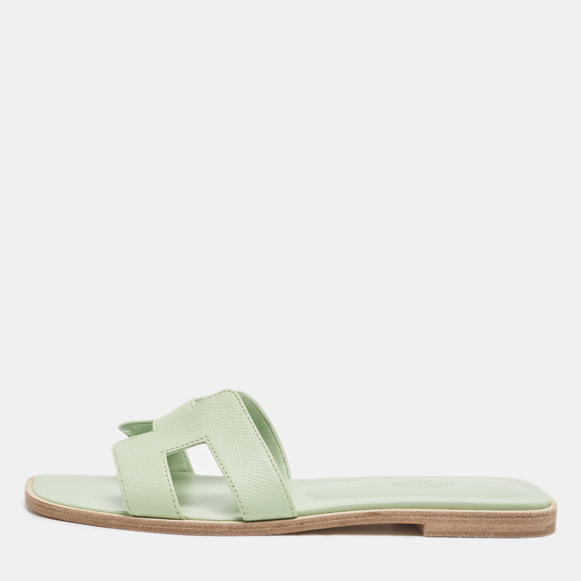 Hermes Green Leather Oran Slide Sandals Size 38.5