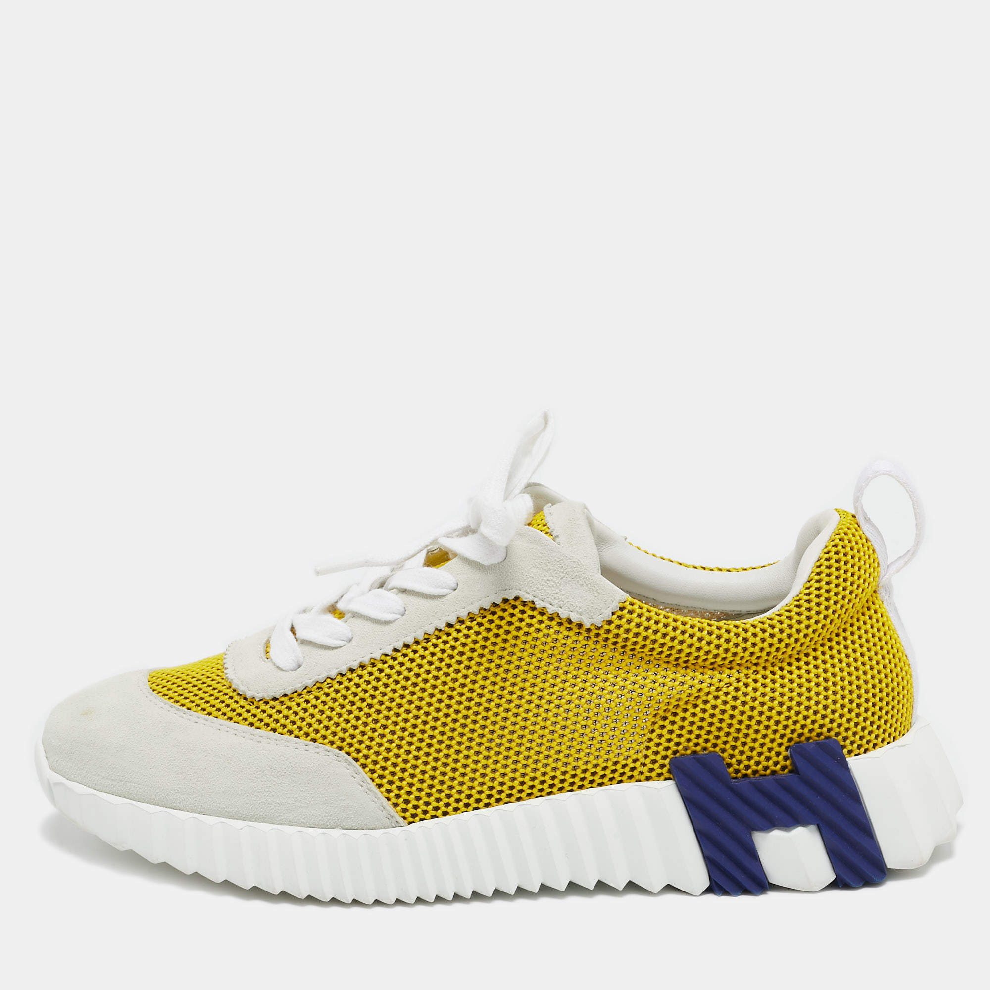 Pre Owned Hermes Grey/Yellow Suede and Mesh Bouncing Sneakers Size 38