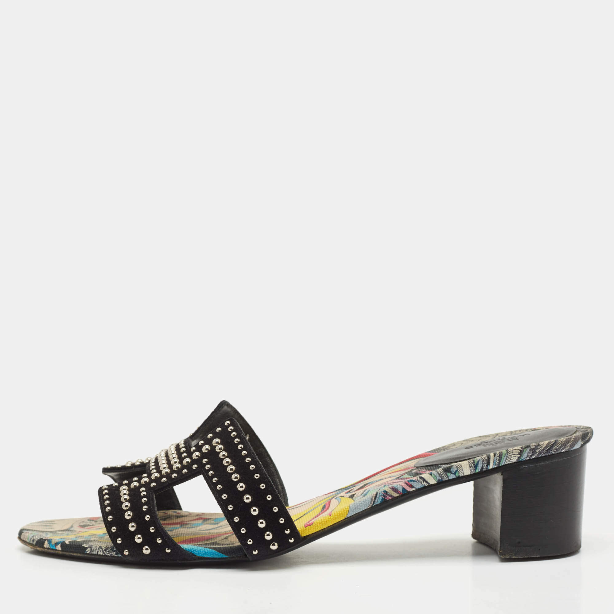 Hermes Black Suede Studded Oasis Slide Sandals Size 40
