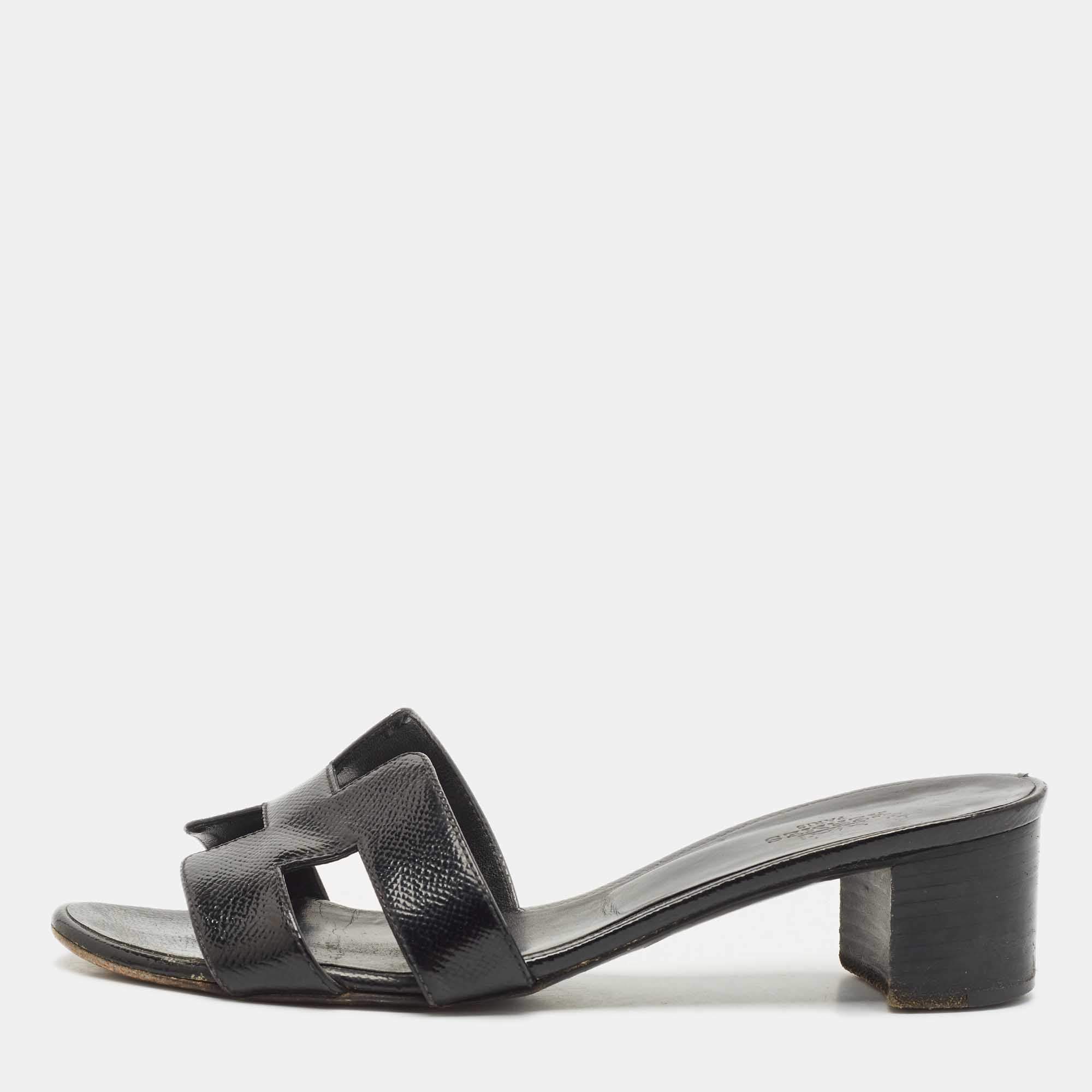 Pre Owned Hermes Black Patent Leather Oasis Slide Sandals Size 36.5
