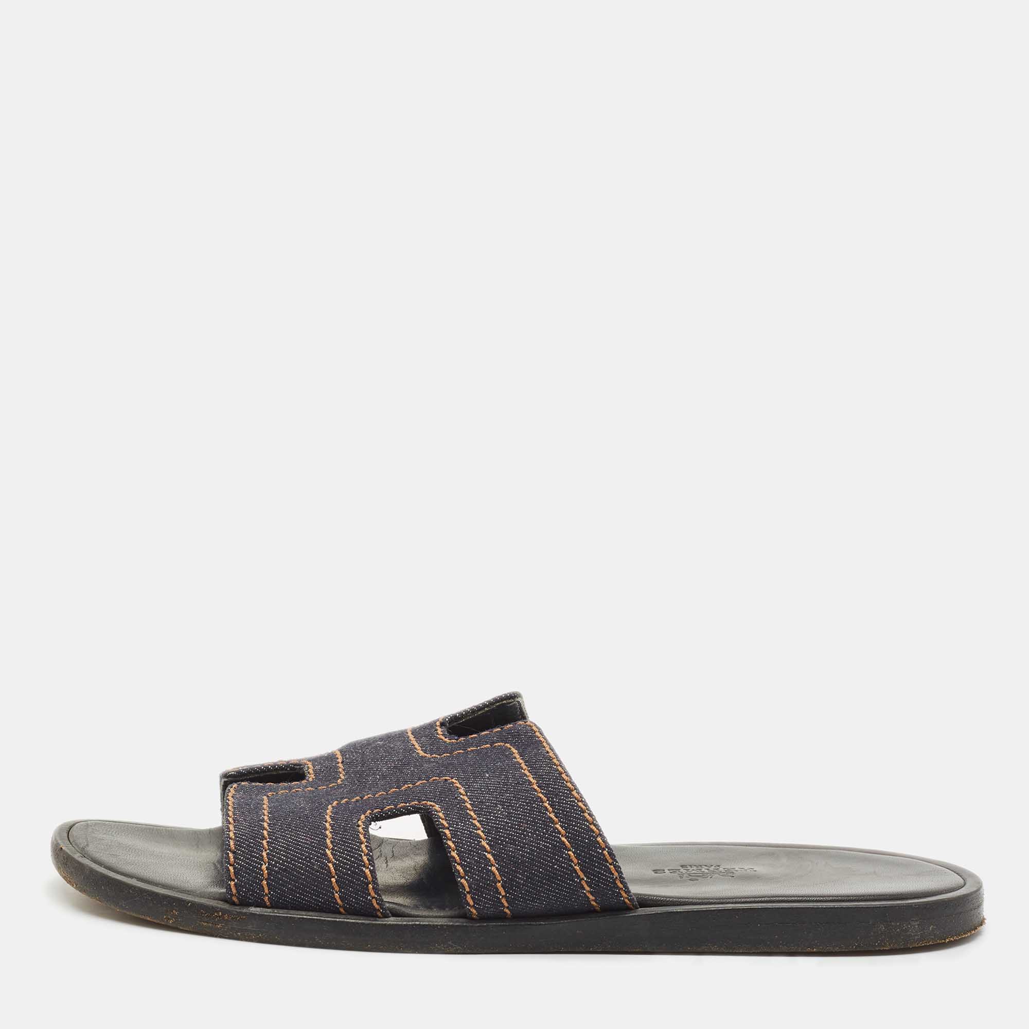 Hermes Black Denim Izmir Flat Sandals Size 40