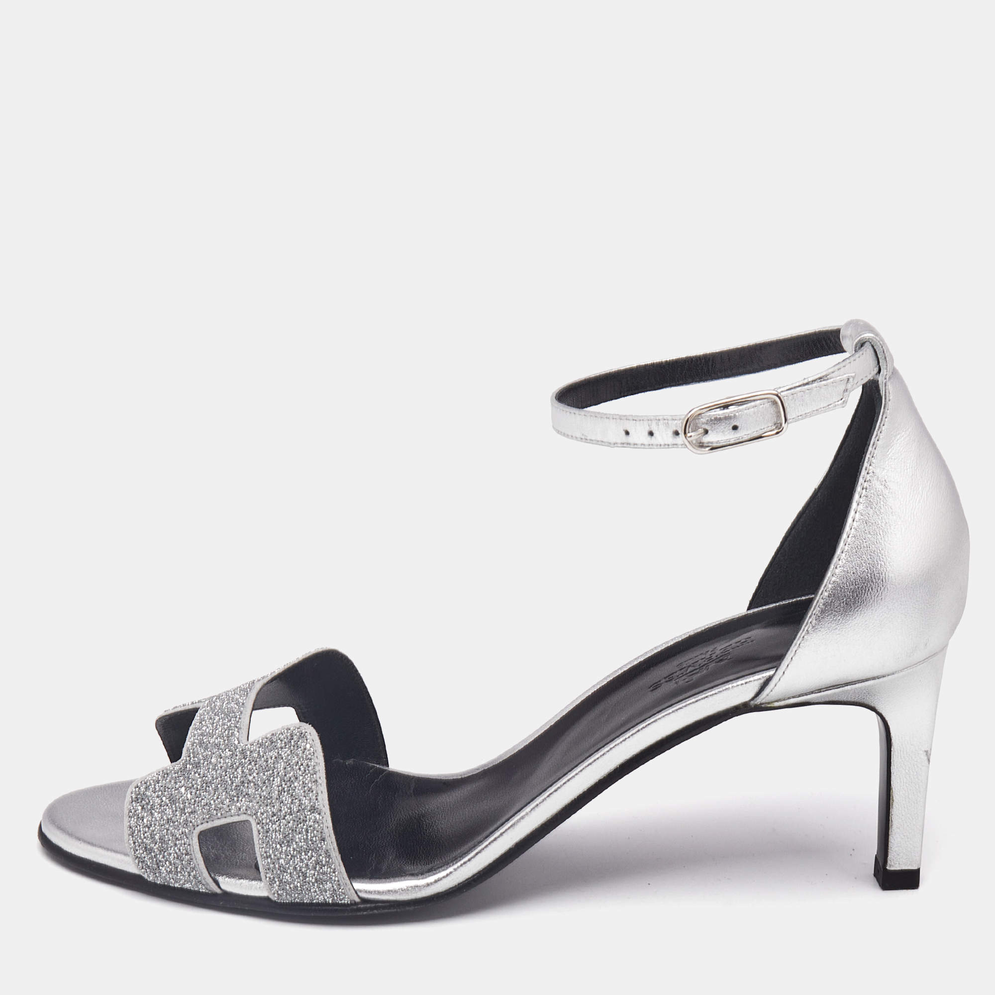 مملوكة مسبقًا Hermès Silver Leather and Glitter Premiere Sandals Size 39