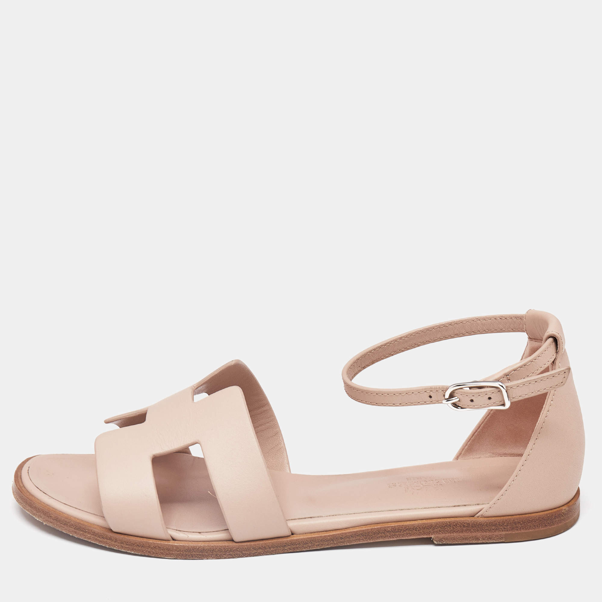Hermes Pink Leather Santorini Flat Sandals Size 37