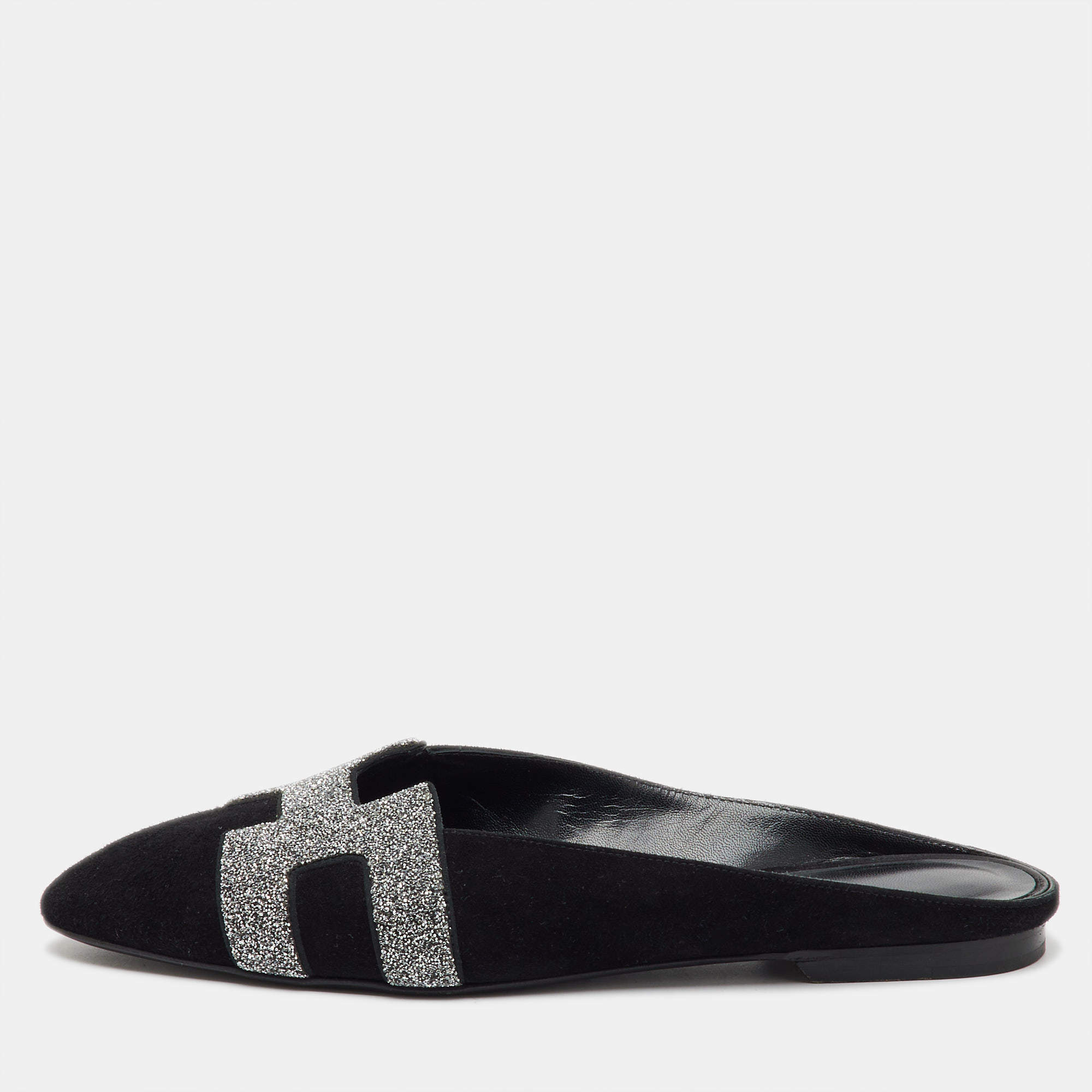  Hermes Black/Silver Suede and Crystal Roxane Flat Mules Size 36.5
