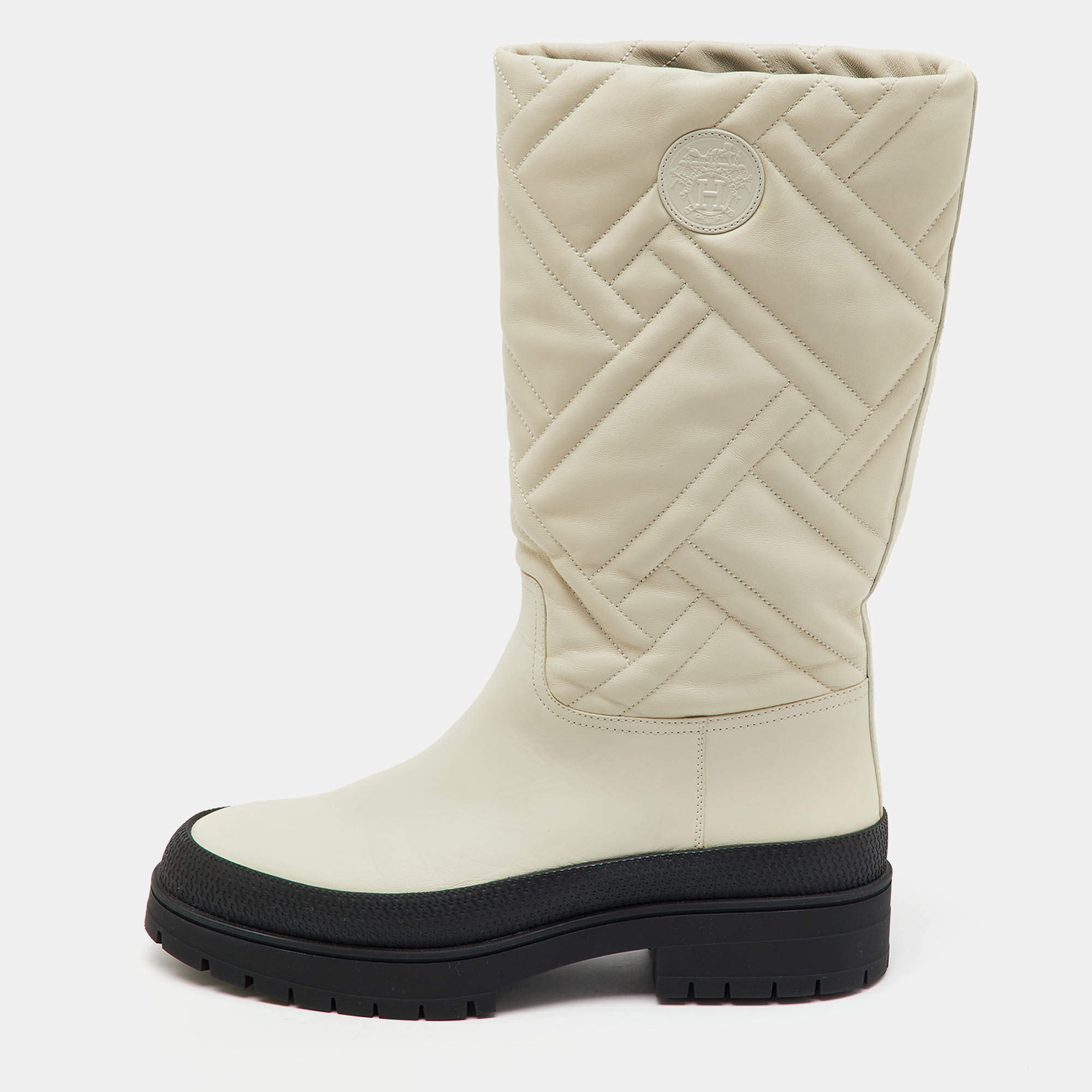 Hermes Off White Leather Fuji Calf Length Boots Size 39
