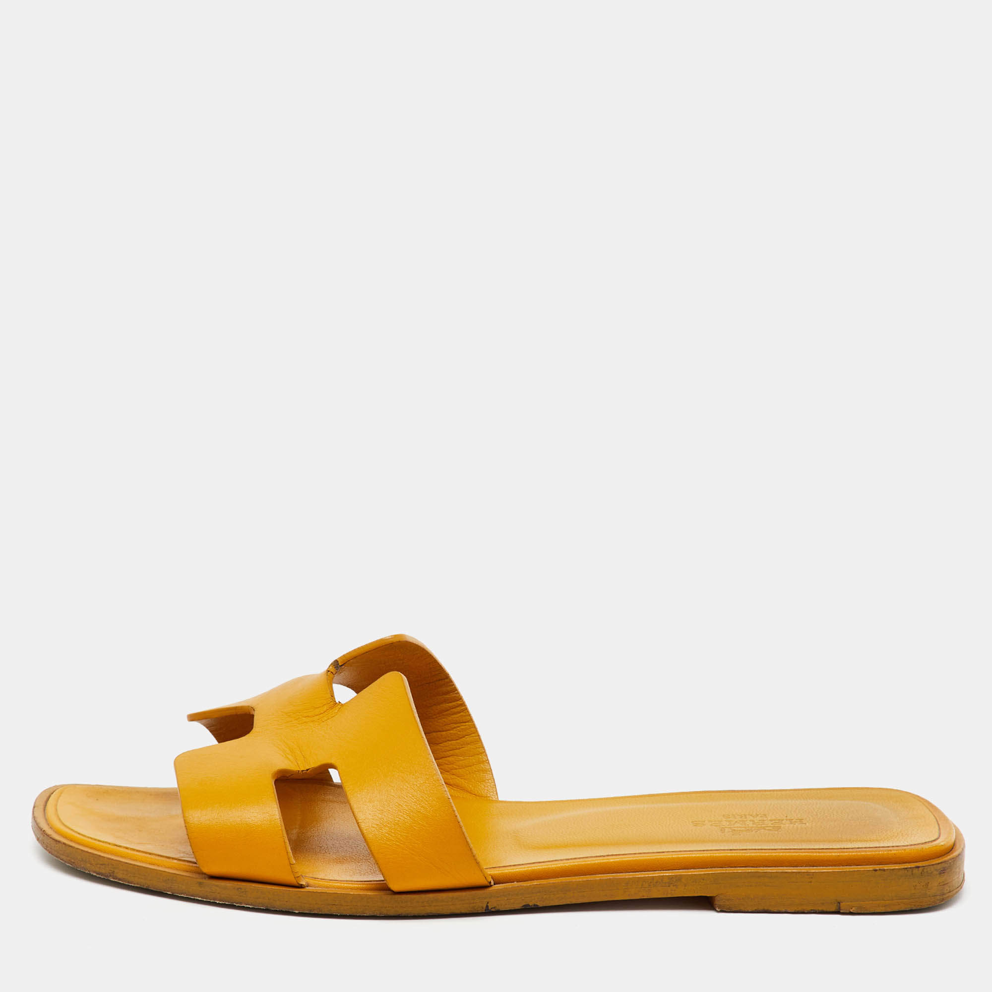 Hermes Yellow Leather Oran Flat Slide Sandals Size 37.5