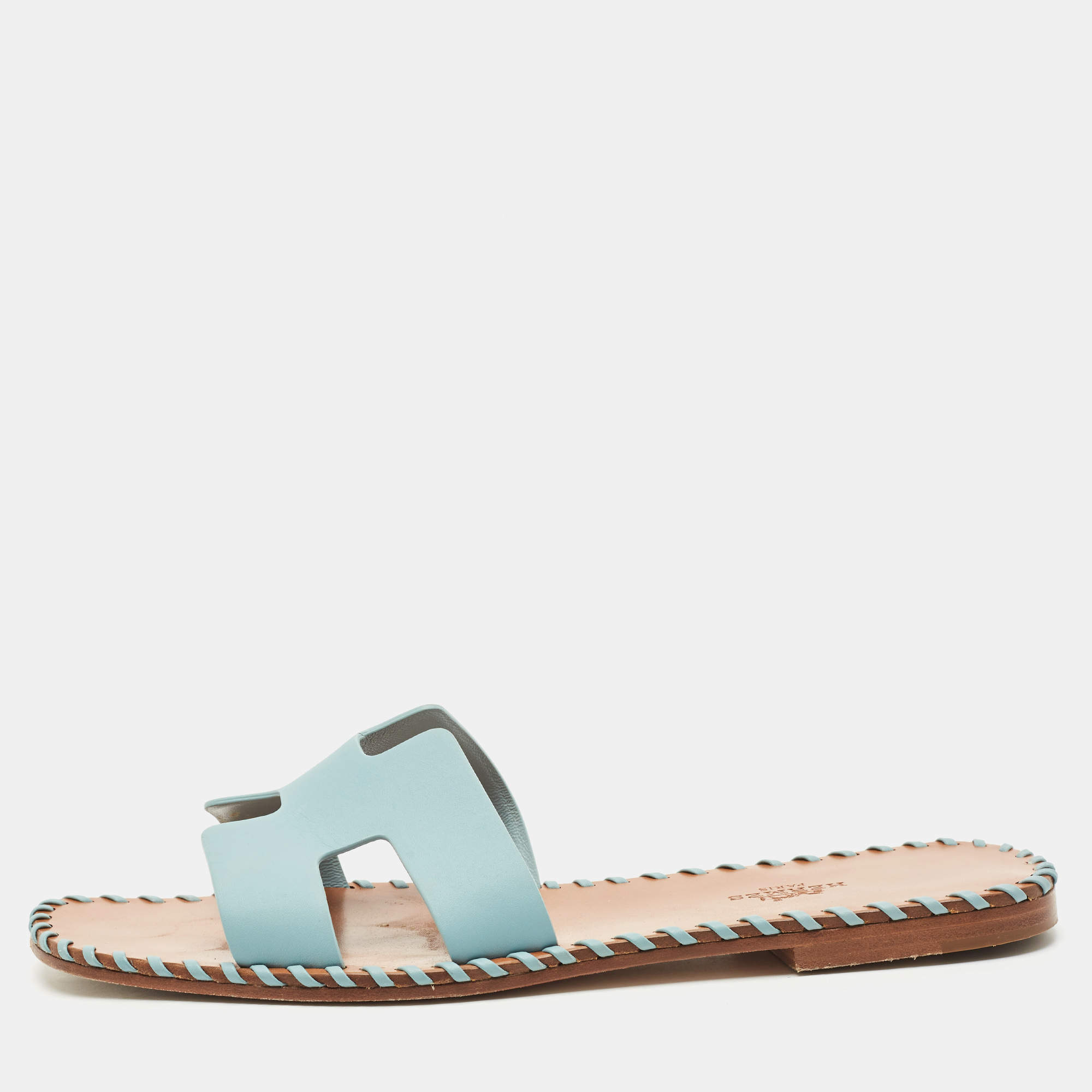 Pre Owned Hermes Blue Leather Oran Flat Slide Sandals Size 37