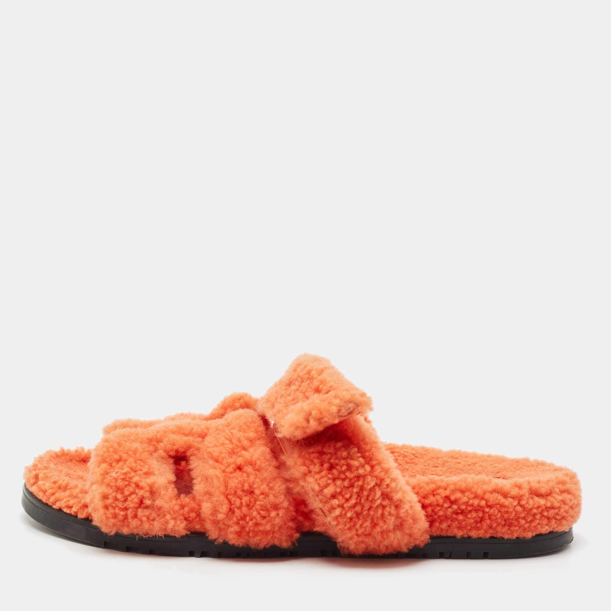 Hermes Orange Shearling Fur Chypre Flat Slide Sandals Size 39