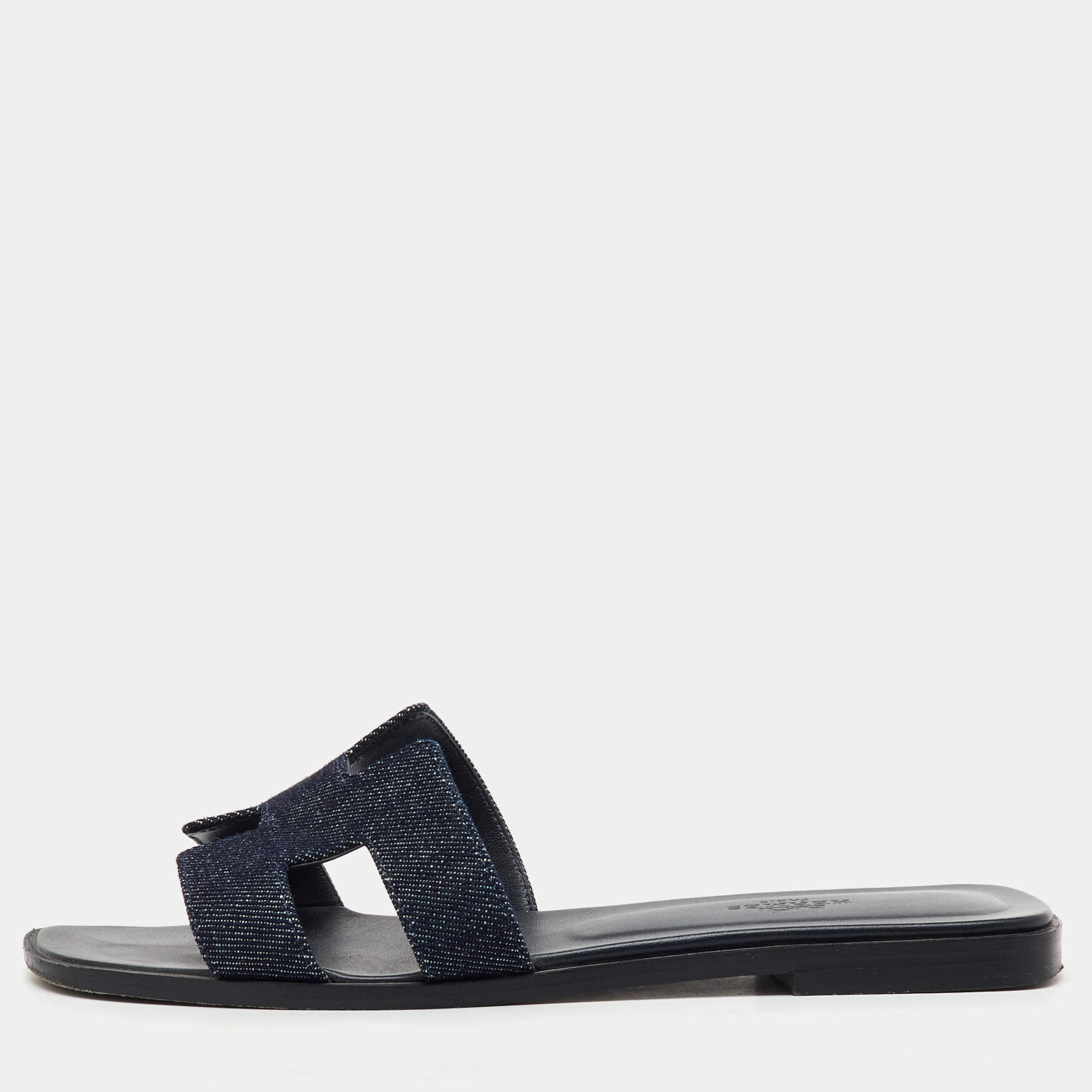 Hermes Blue Denim Oran Flat Slides Size 37.5