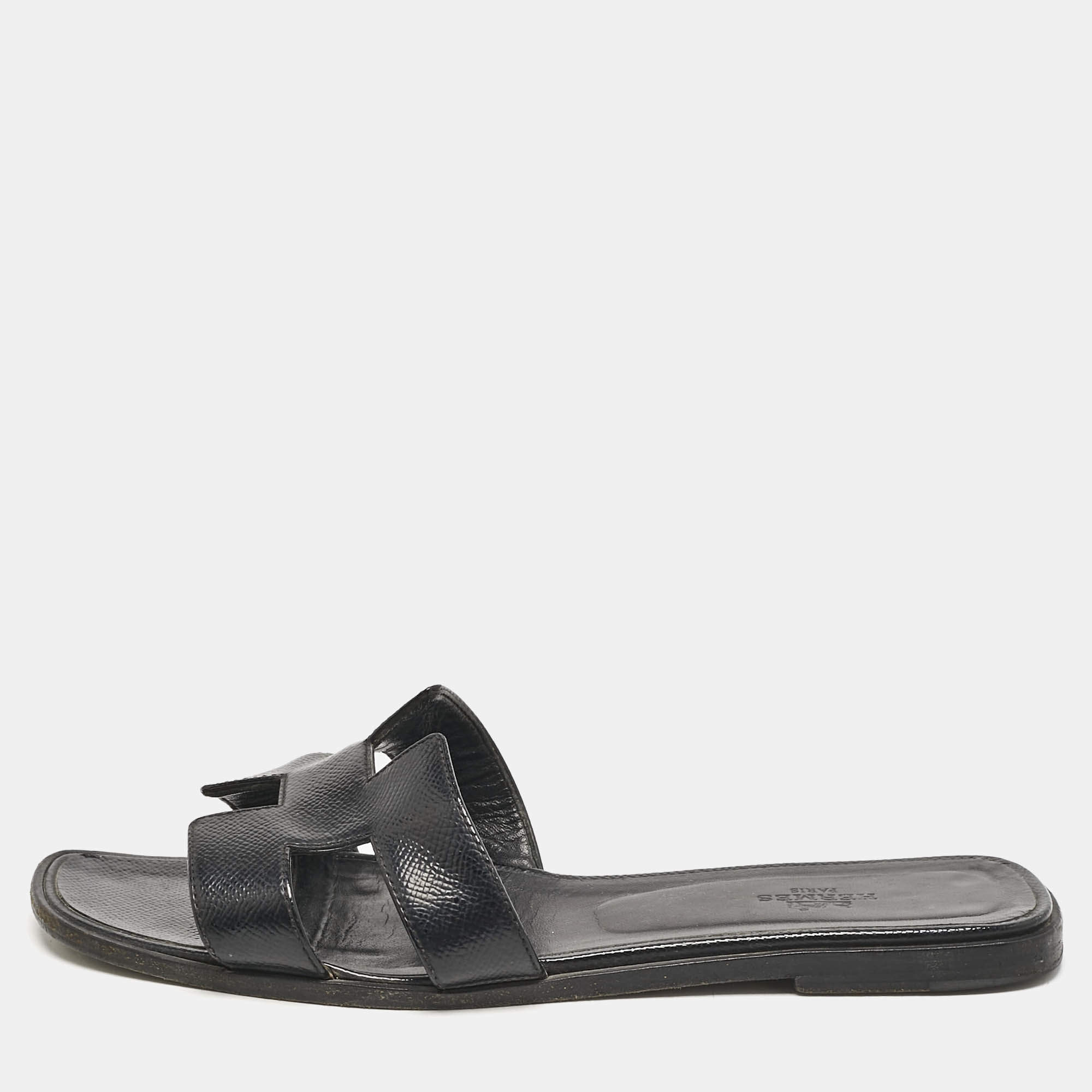 Hermes Black Patent Leather Oran Flat Slides Size 39.5