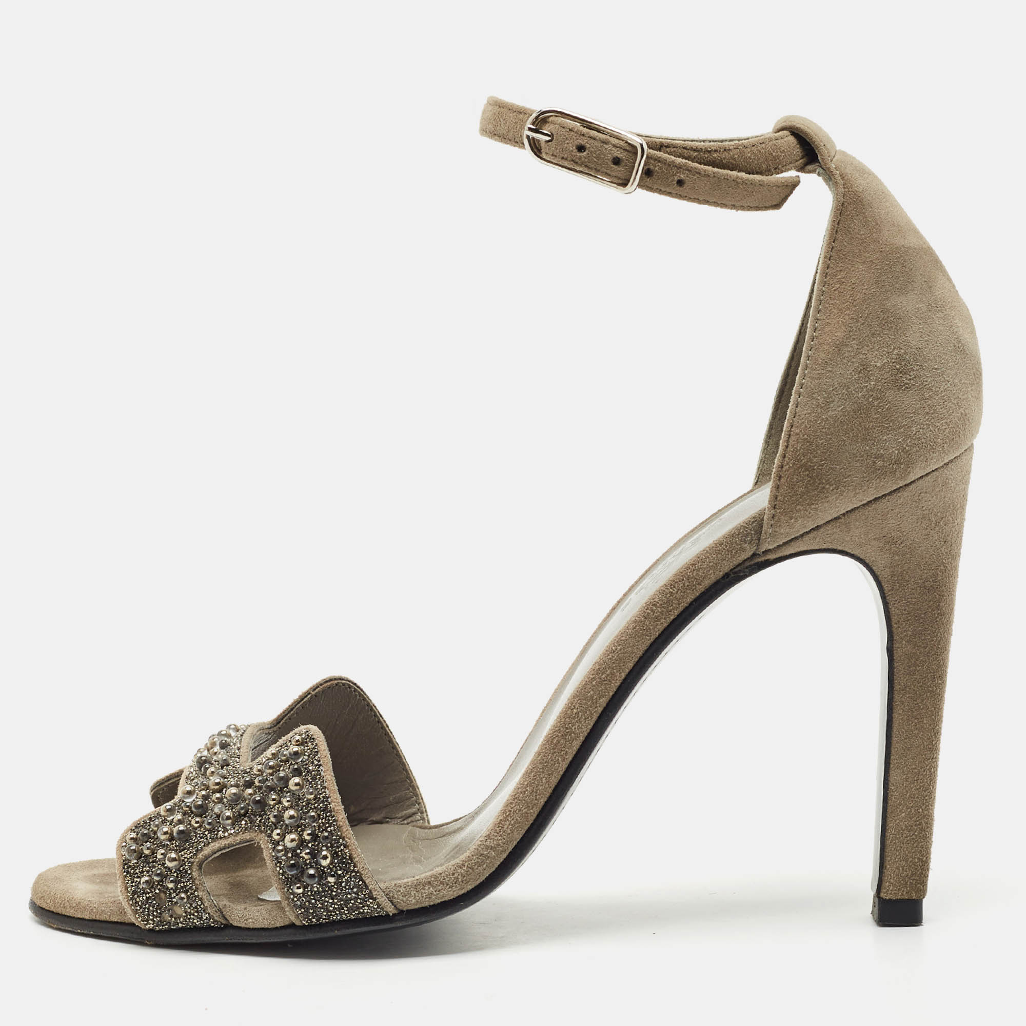 Pre Owned Hermes Grey Suede Crystal Premiere Ankle Strap Sandals Size 36.5