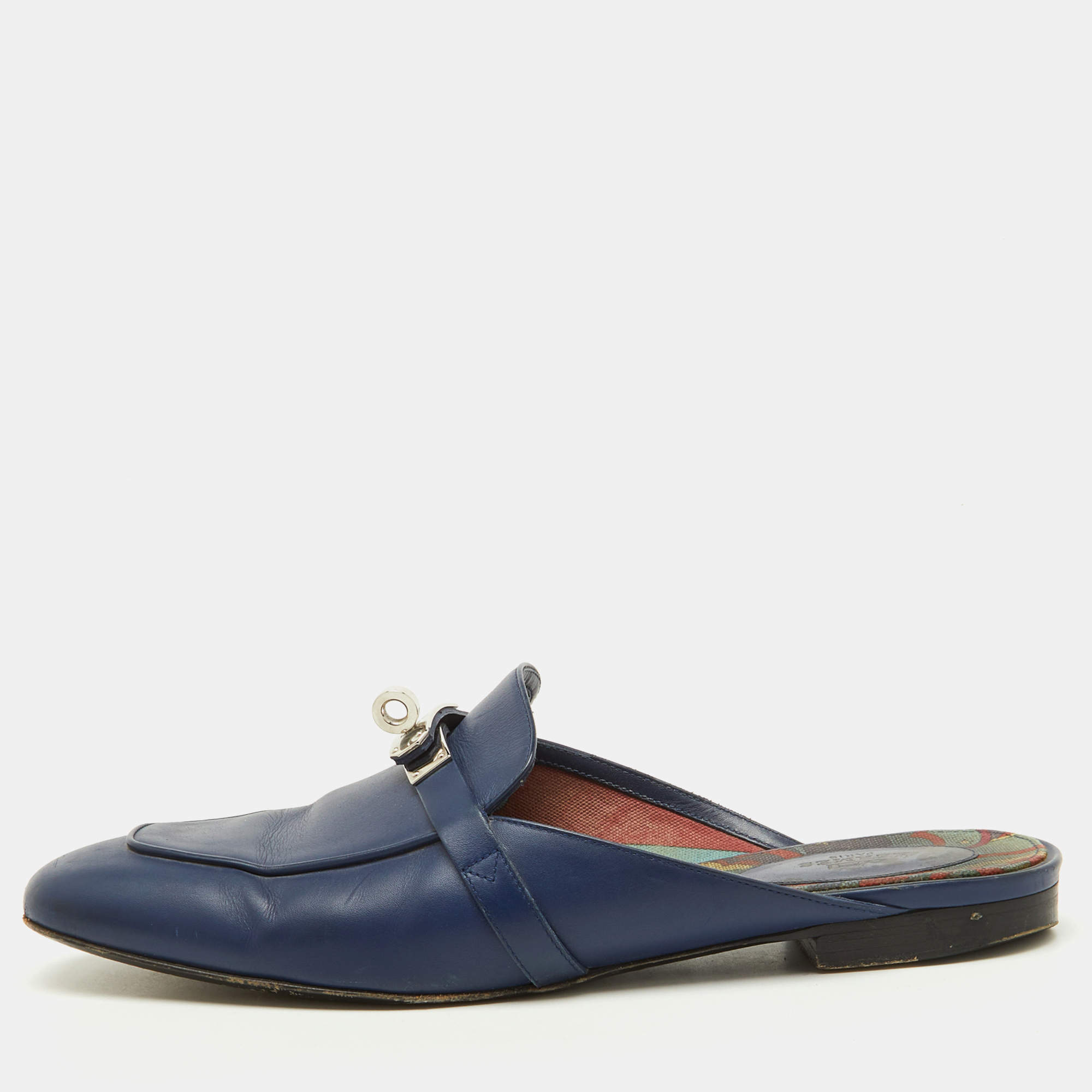 Hermes Navy Blue Leather Oz Flat Mules Size 39.5
