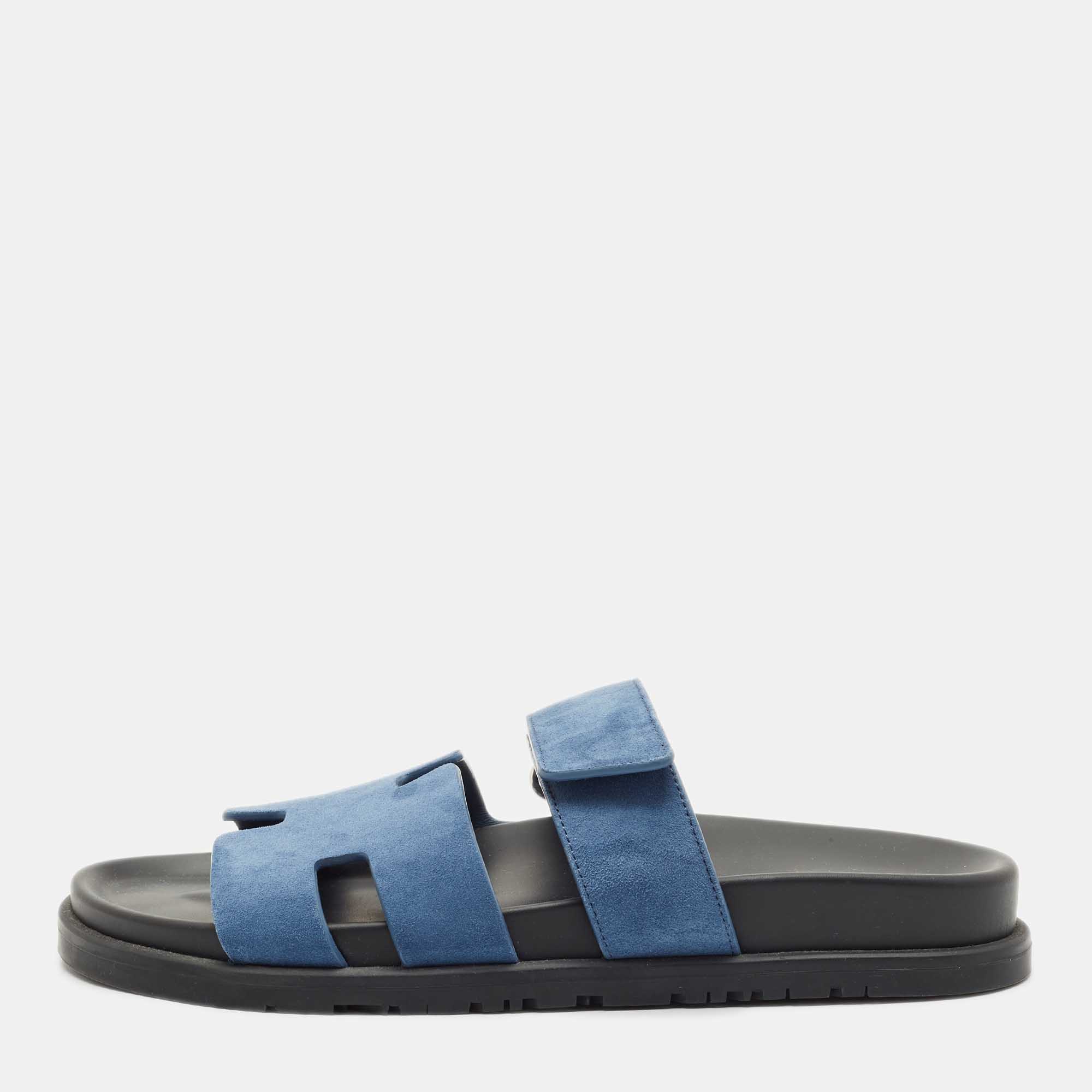 Pre Owned Hermes Blue Suede Chypre Flat Slide Sandals Size 39