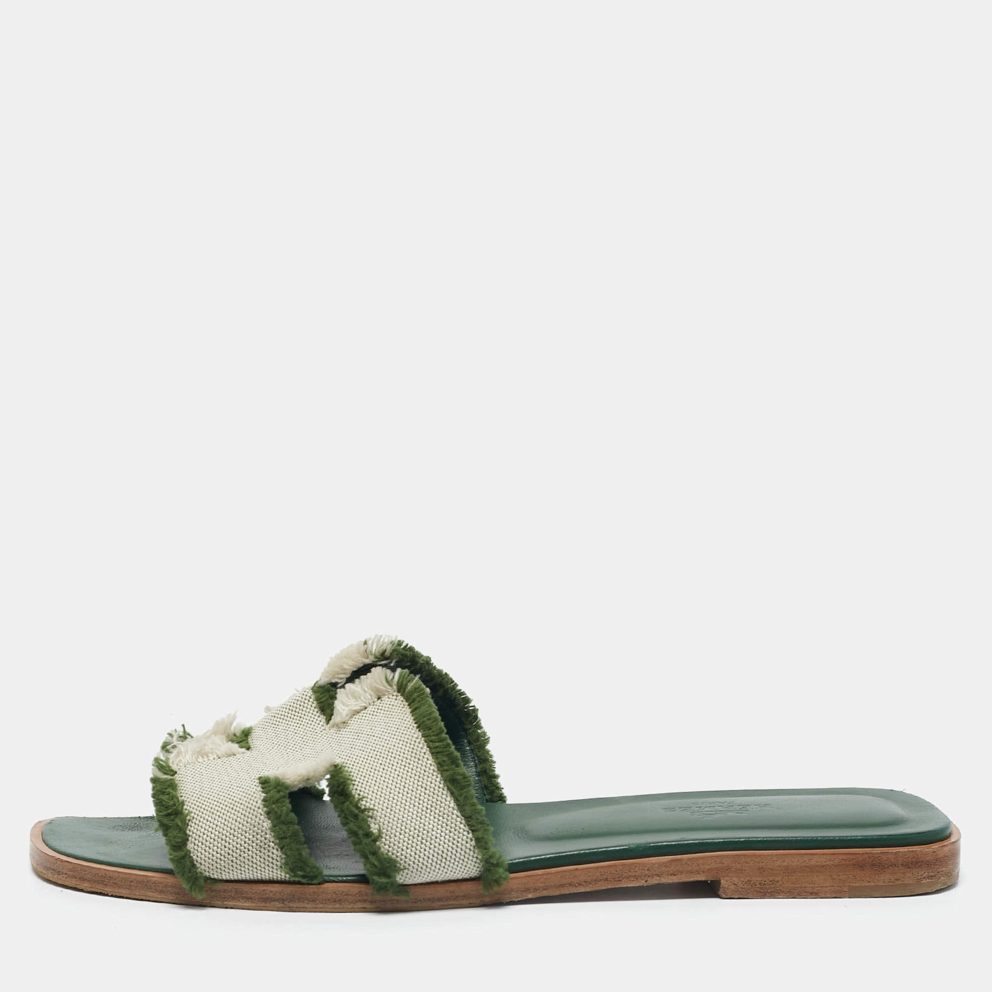 Hermes Green/Off White Canvas Fringe Oran Flat Slide Sandals Size 38