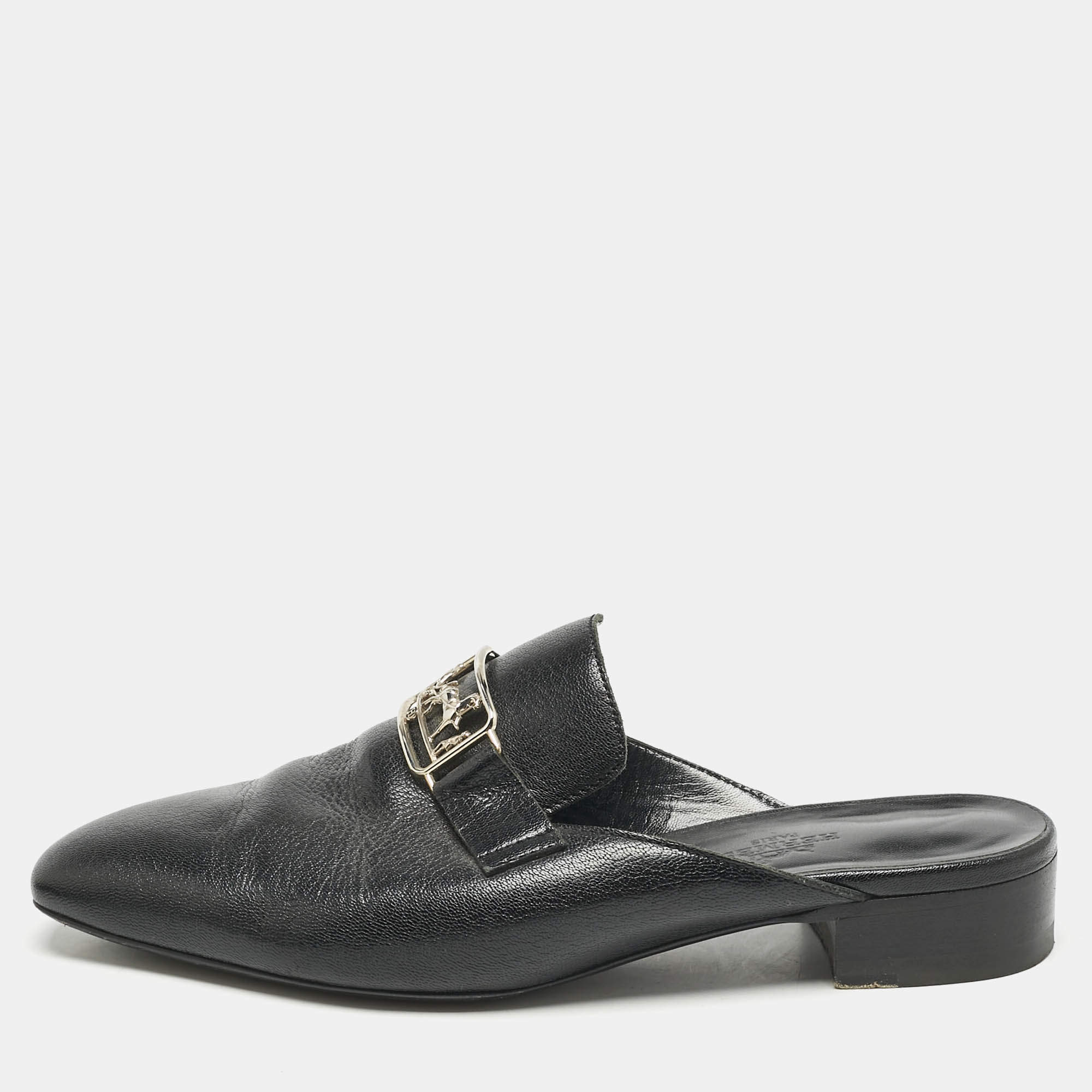 Hermes Black Leather Vincennes Flat Mules Size 37