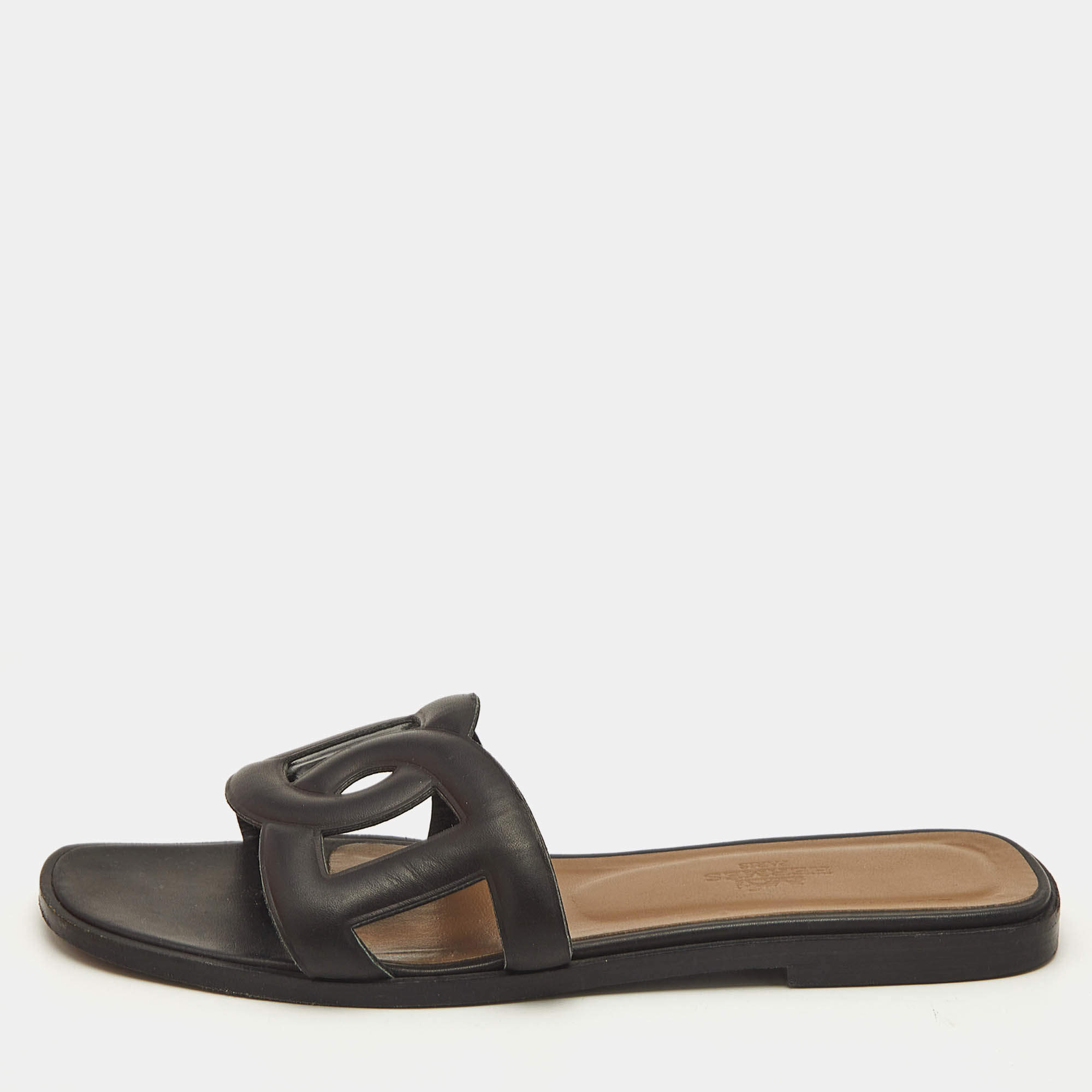 Hermes Black Leather Aloha Flat Slides Size 37