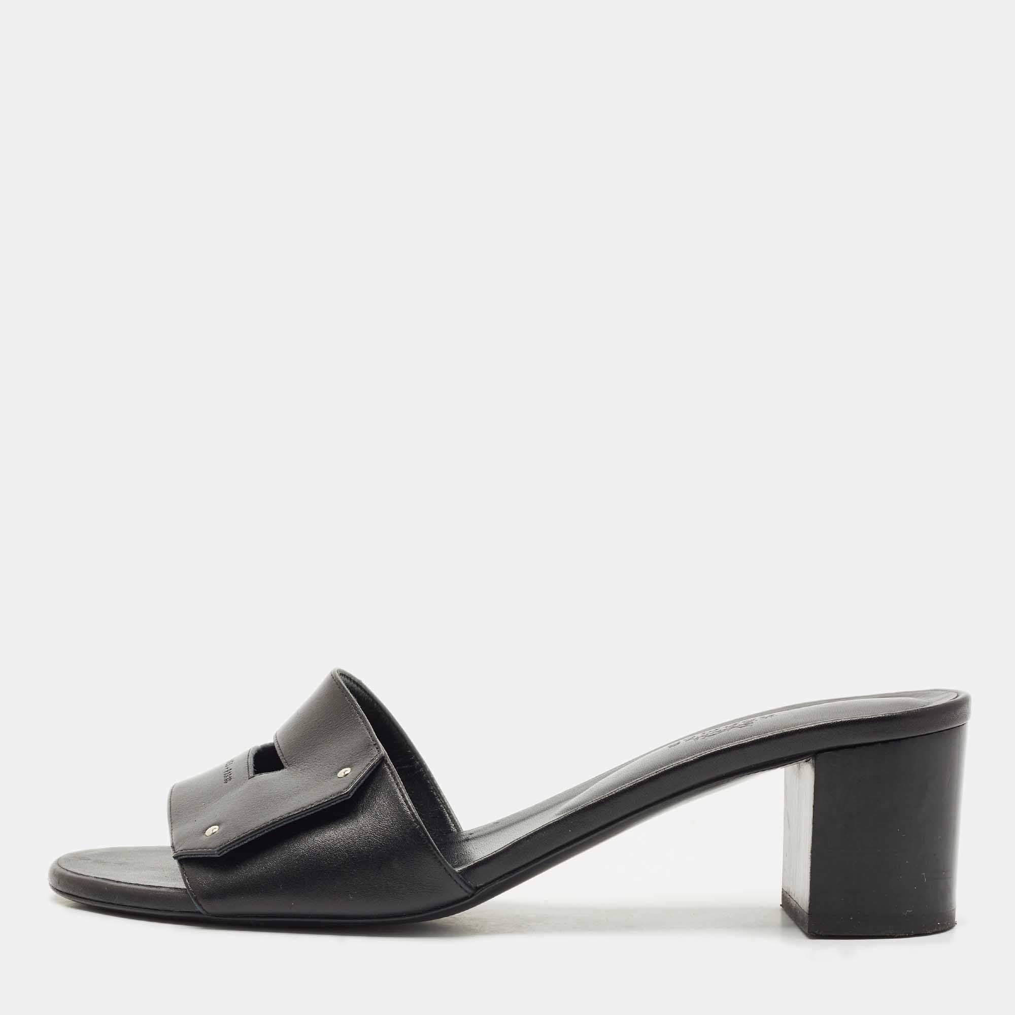 Hermes Black Leather View Slide Sandals Size 39.5