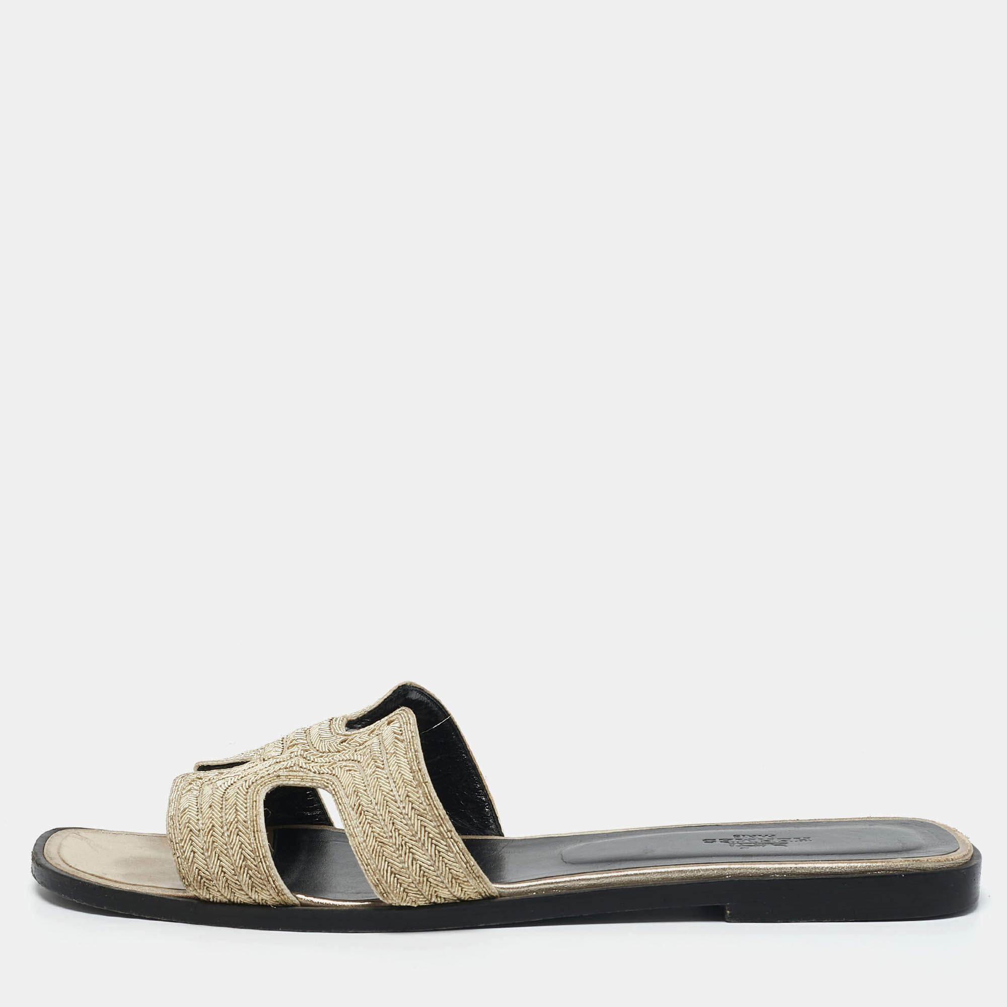 Hermes Gold Twisted Metal Thread Oran Flat Slides Size 40.5