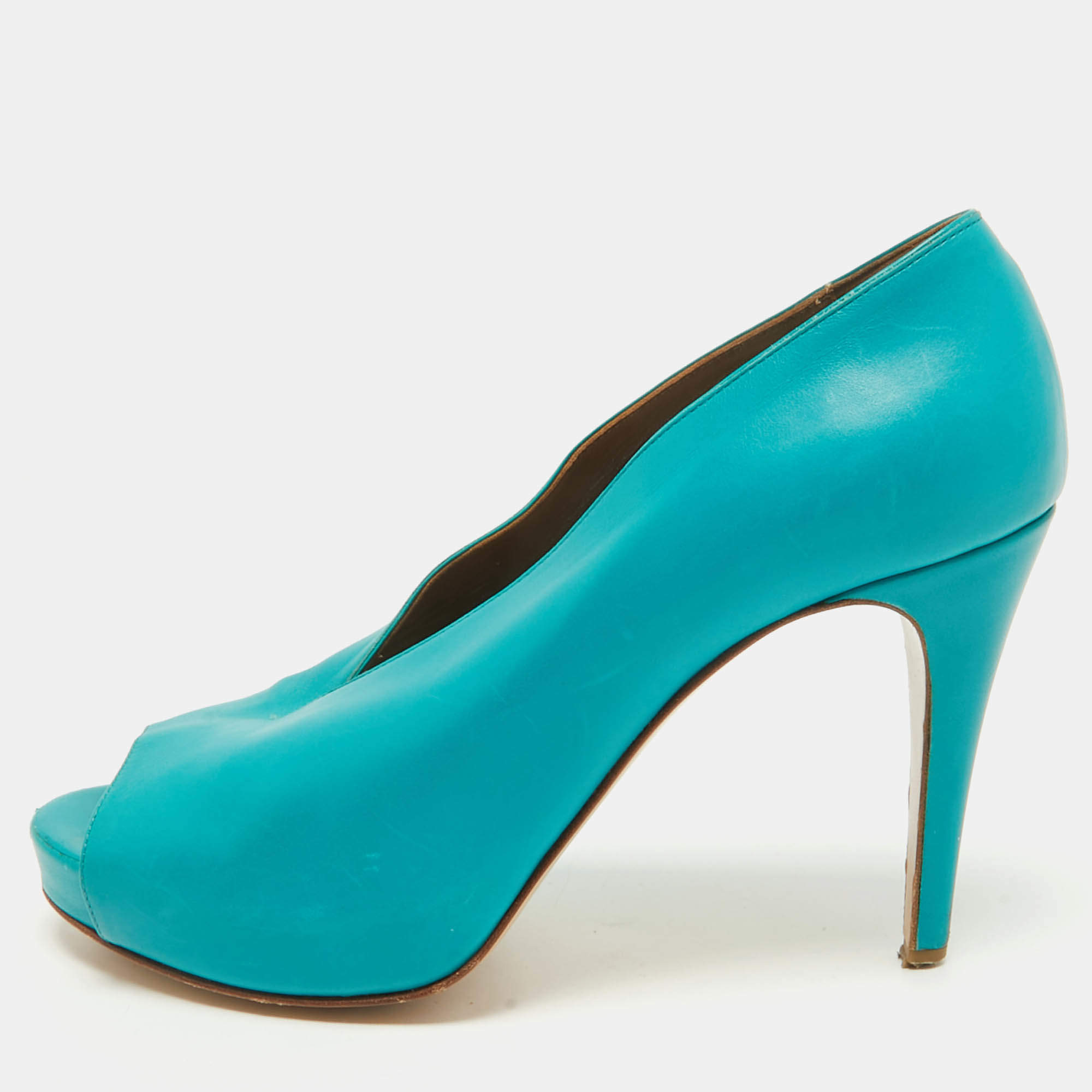 Hermes Blue Leather V-Neck Peep Toe Platform Pumps Size 38.5