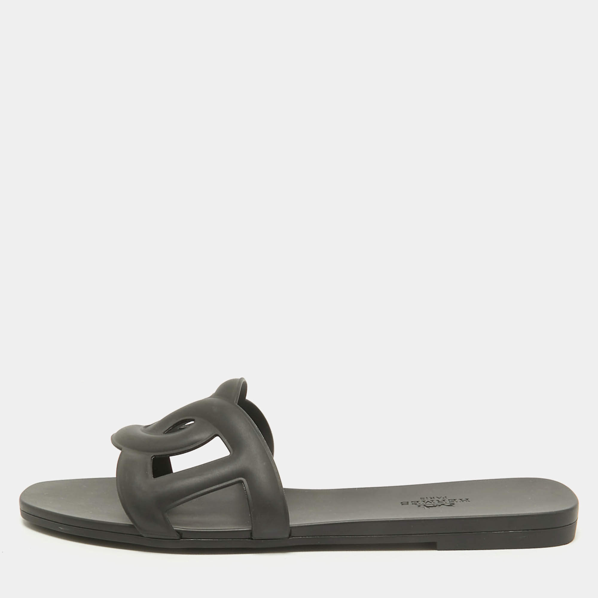 Hermes Black Rubber Aloha Flat Slides Size 38