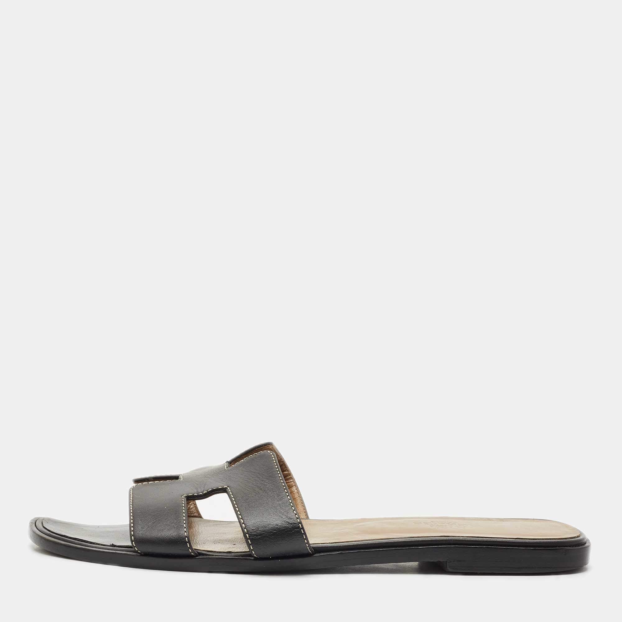 Hermes Black Leather Oran Flat Slides Size 40