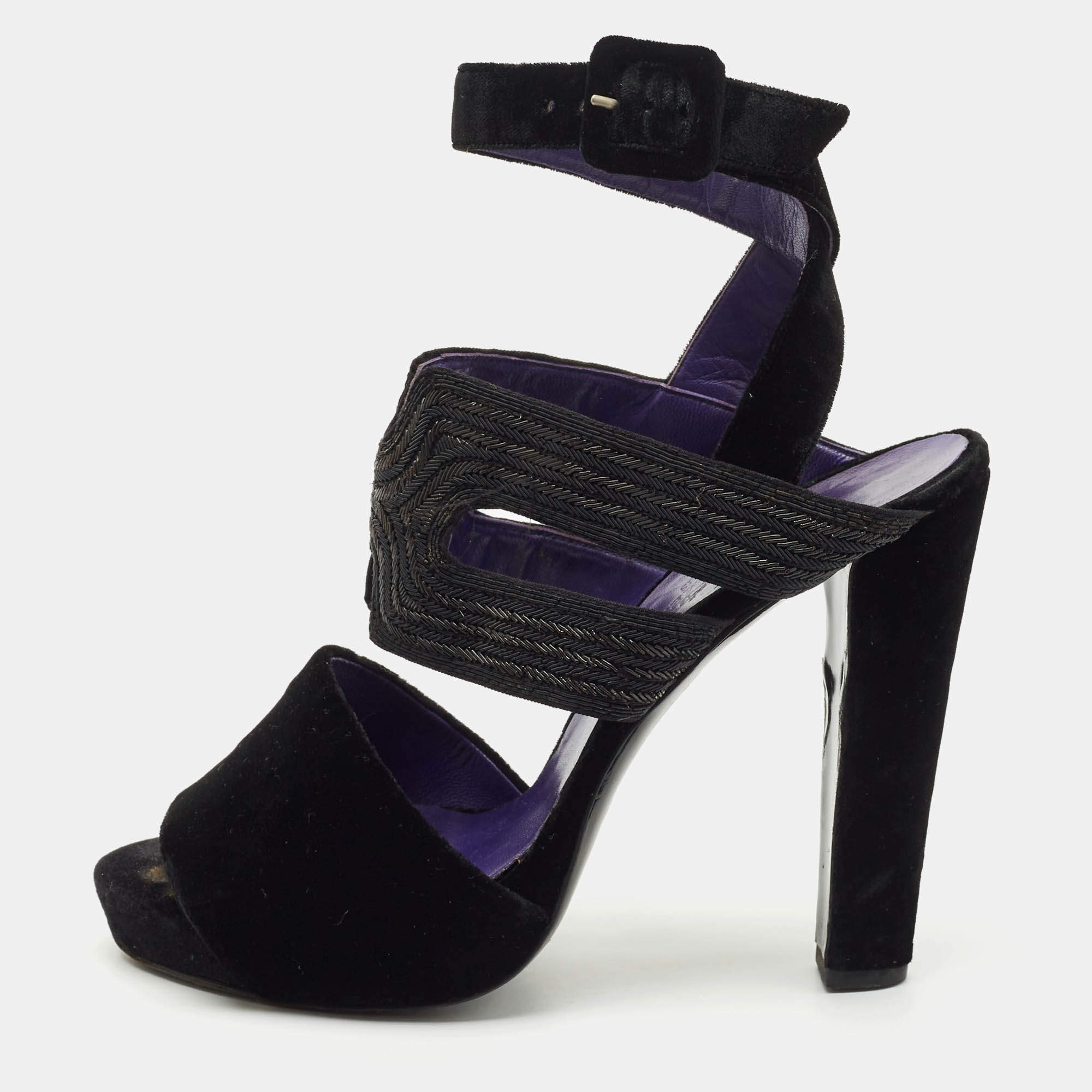 Hermes Black Velvet Platform  Ankle Strap Sandals Size 40
