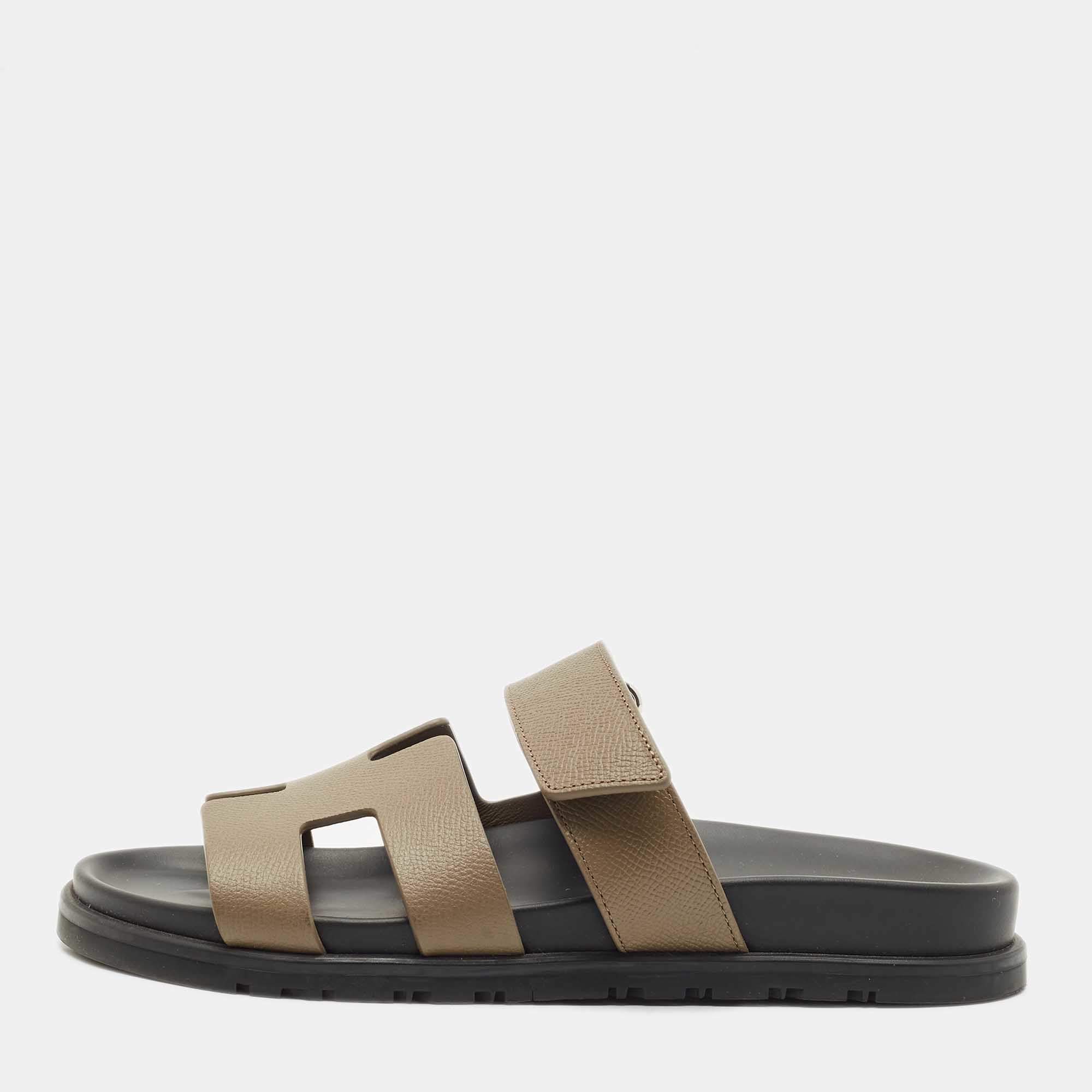 Hermes Grey Leather Chypre Sandals Size 37