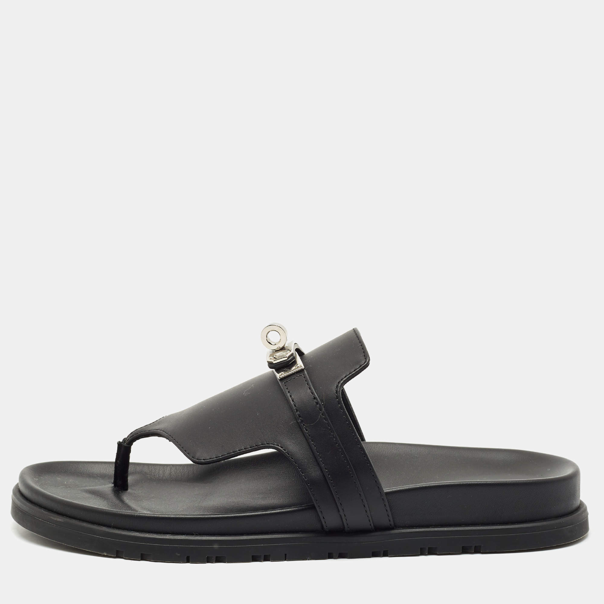 Hermes Black Leather Empire Sandals Size 39