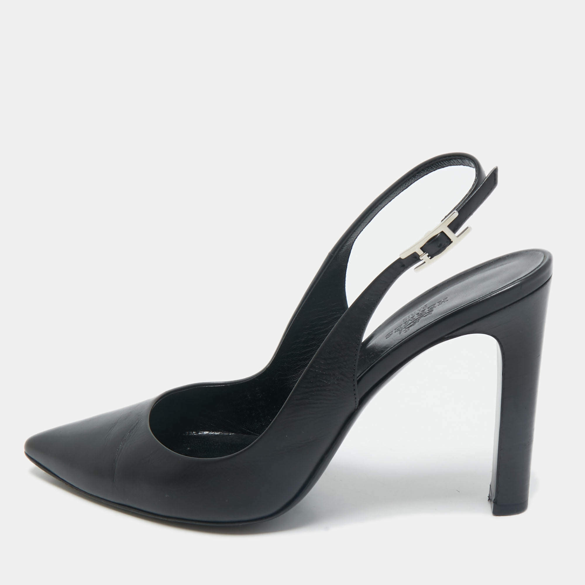 Hermes Black Leather Pointed Toe Slingback Pumps Size 38