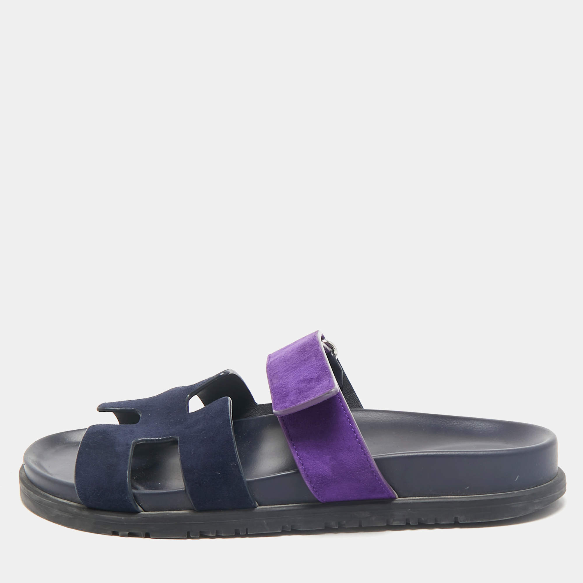 Hermes Navy Blue/Purple Suede Chypre Sandals Size 38