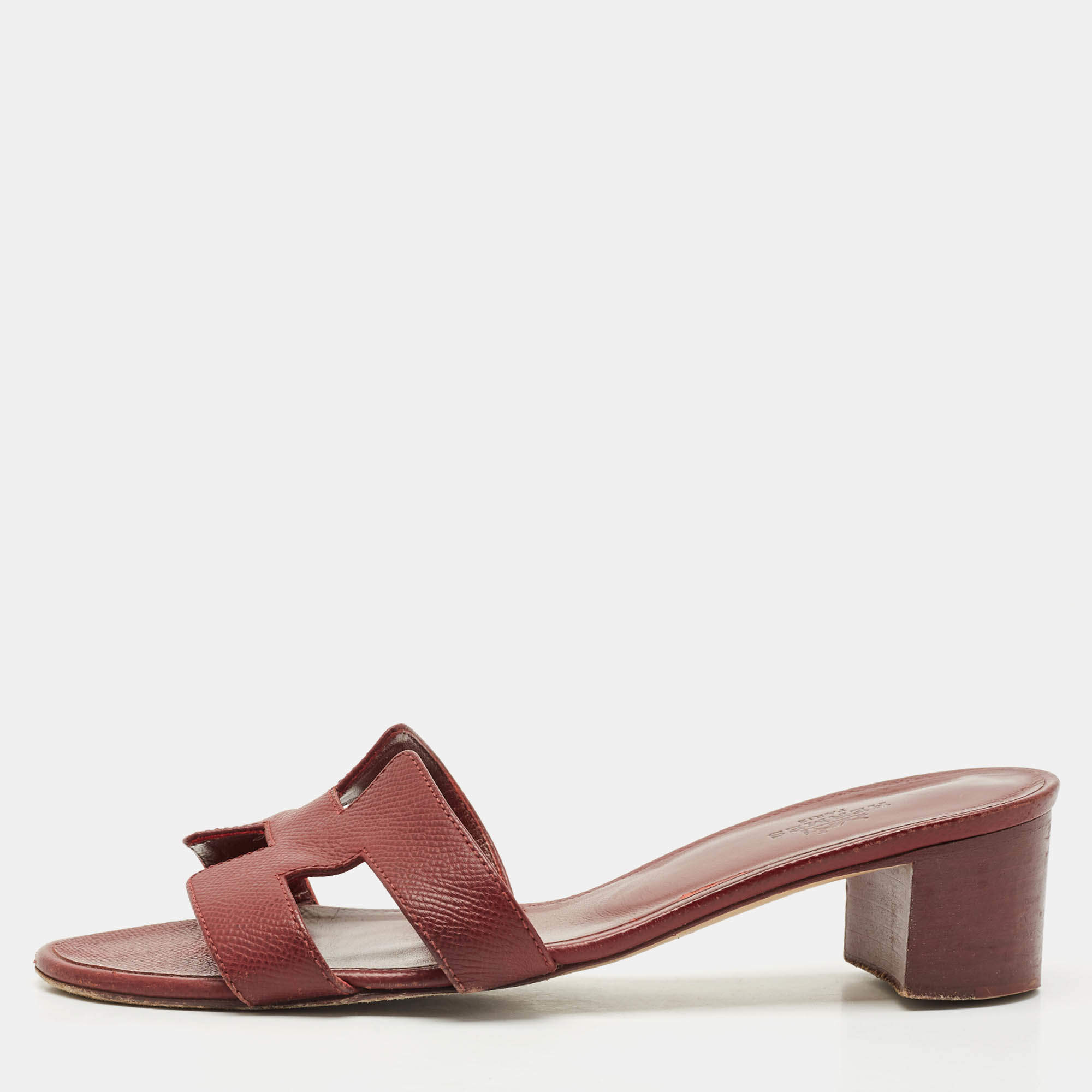 Hermes Burgundy Leather Oasis Slide Sandals Size 37.5 