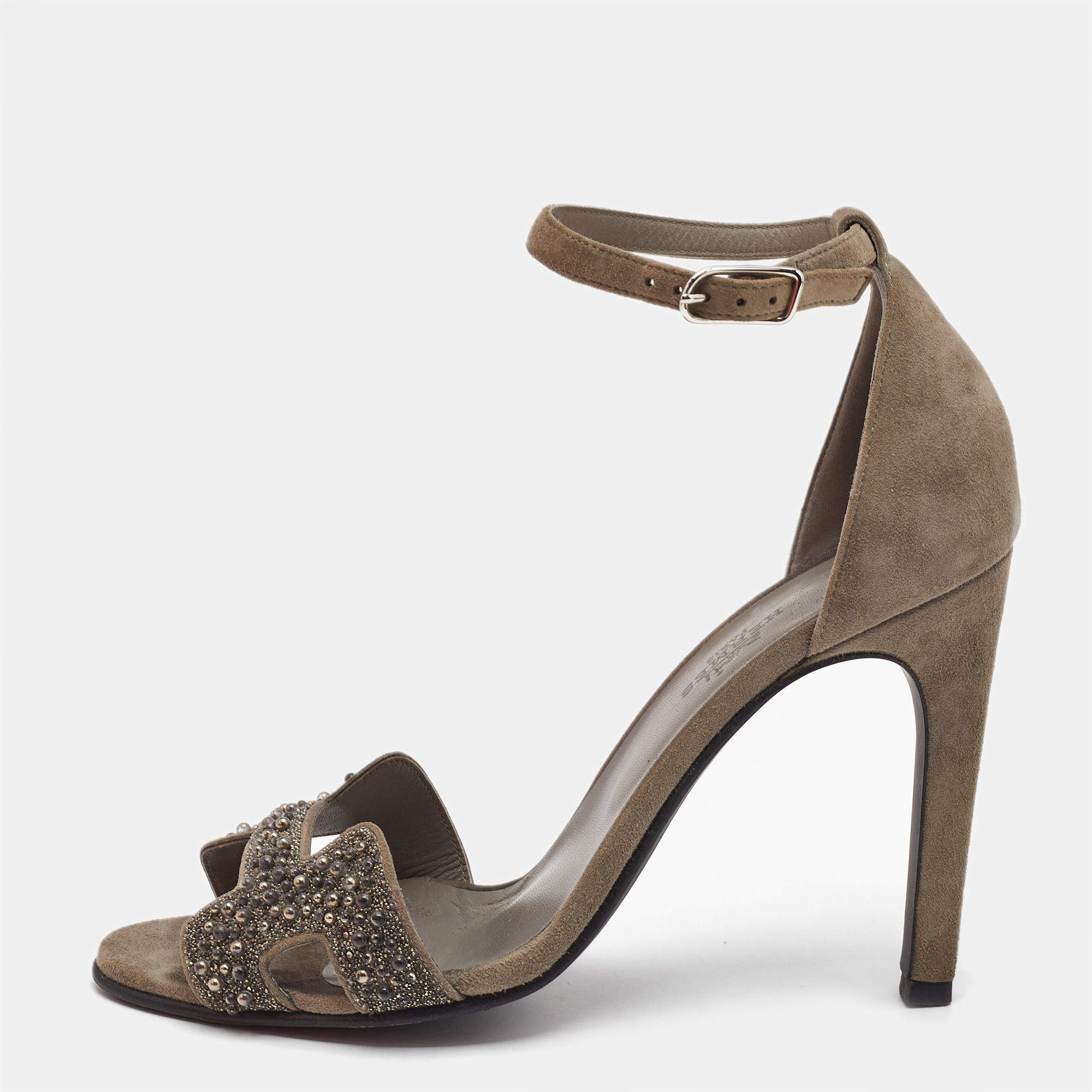 Hermes Grey Suede and Crystal Embellished Premiere Sandals Size 37