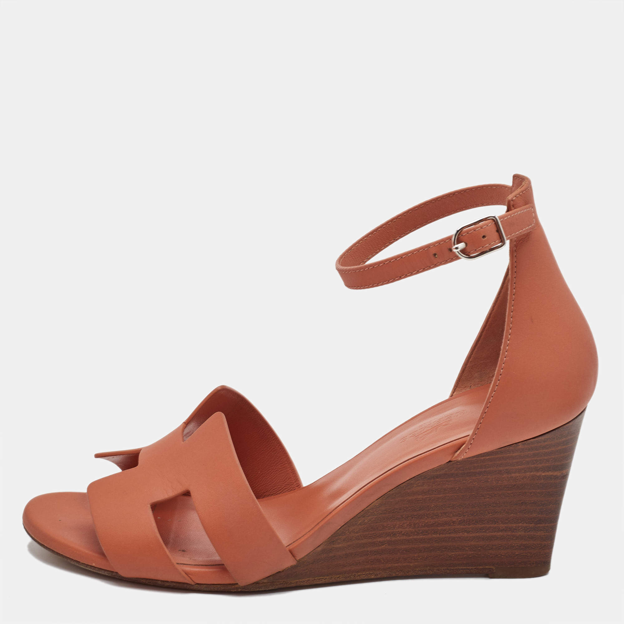Hermes Orange Leather Legend Wedge Sandals Size 38.5