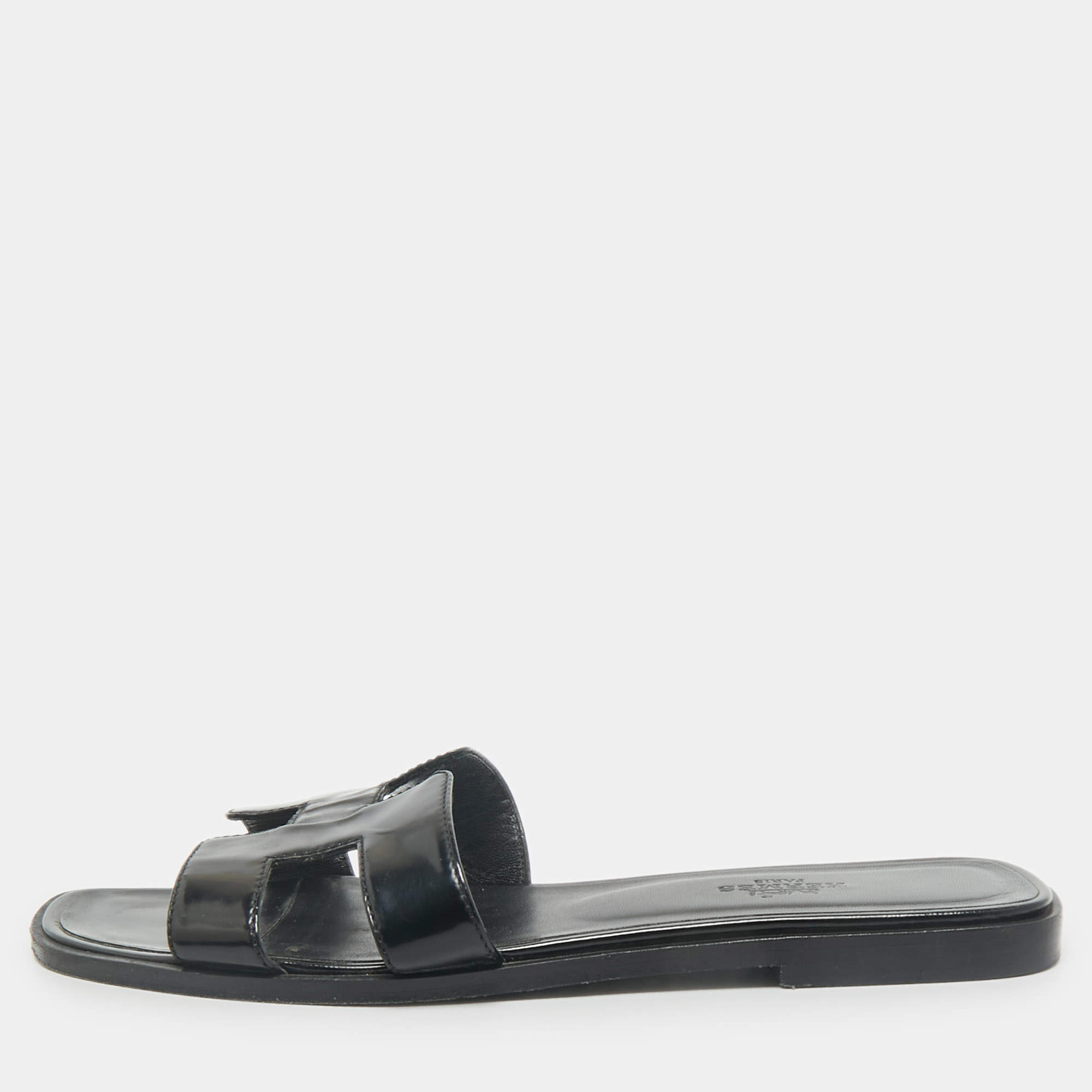 Hermes Black Patent Leather Oran Flat Slides Size 37.5