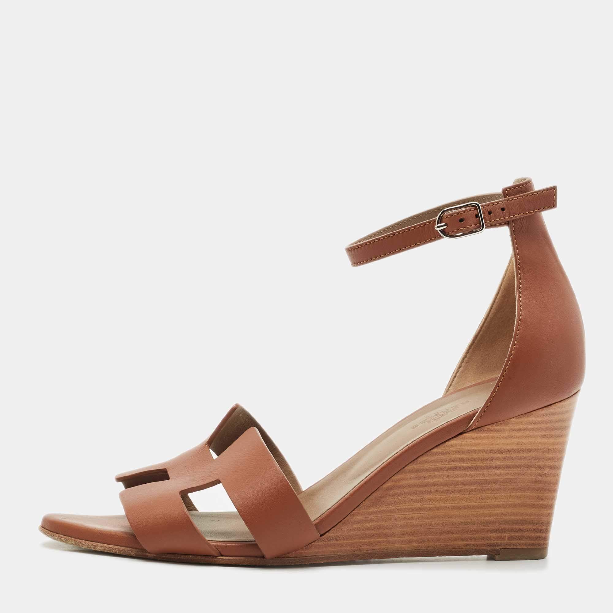 Hermes Brown Leather Legend Ankle Strap Wedge Sandals Size 39