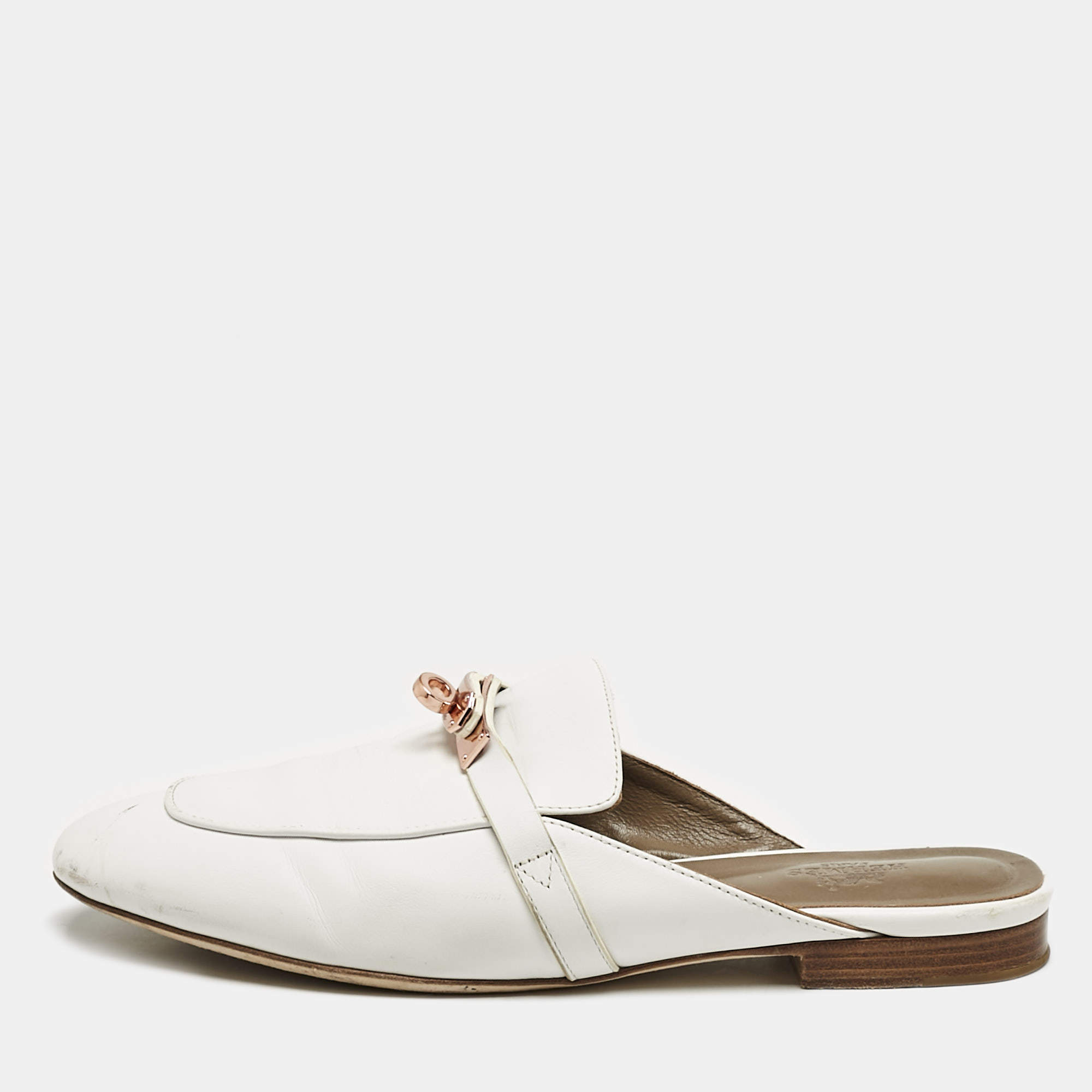 Hermes White Leather Oz Flat Mules Size 39