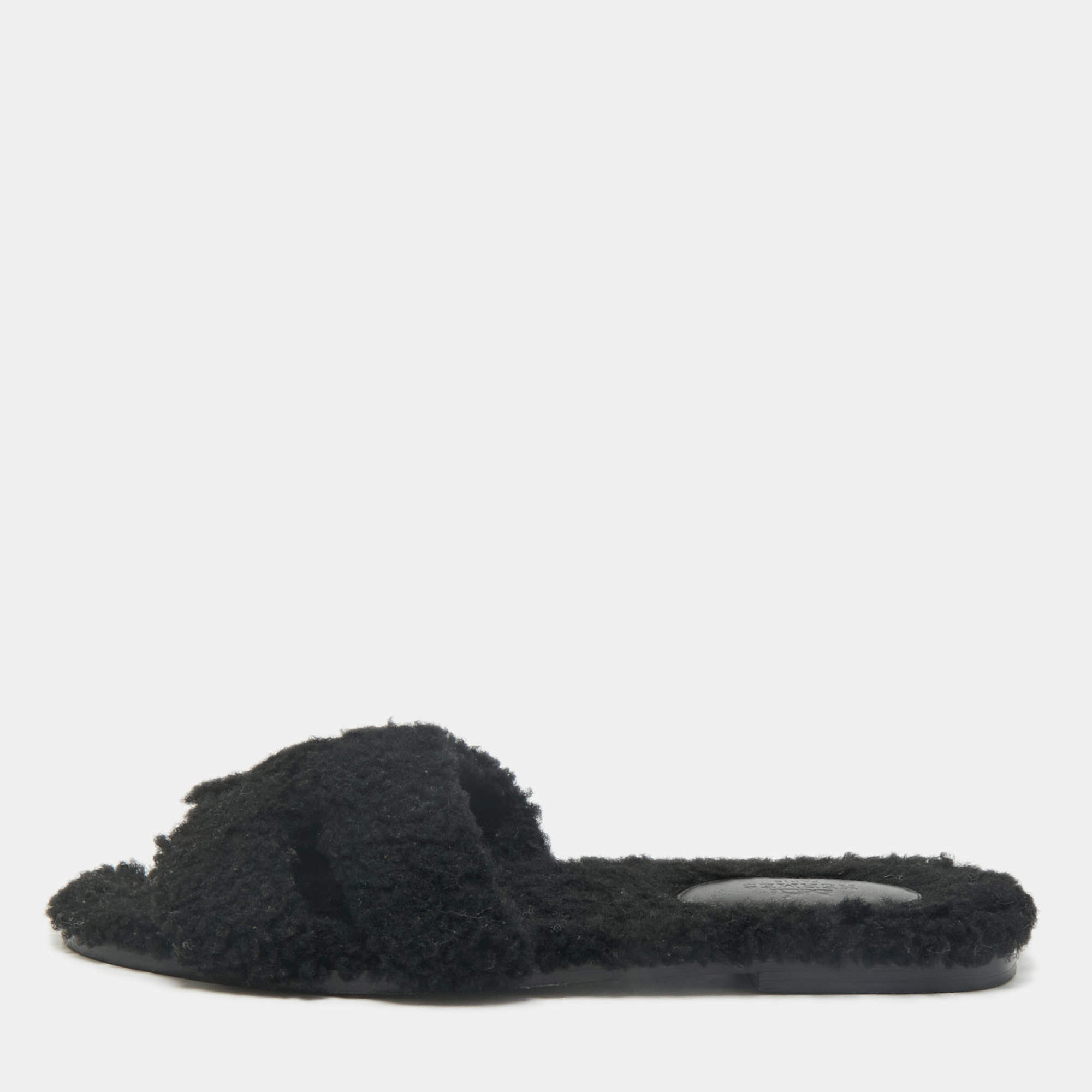 Hermes Black Shearling Fur Oran Flat Sandals Size 39