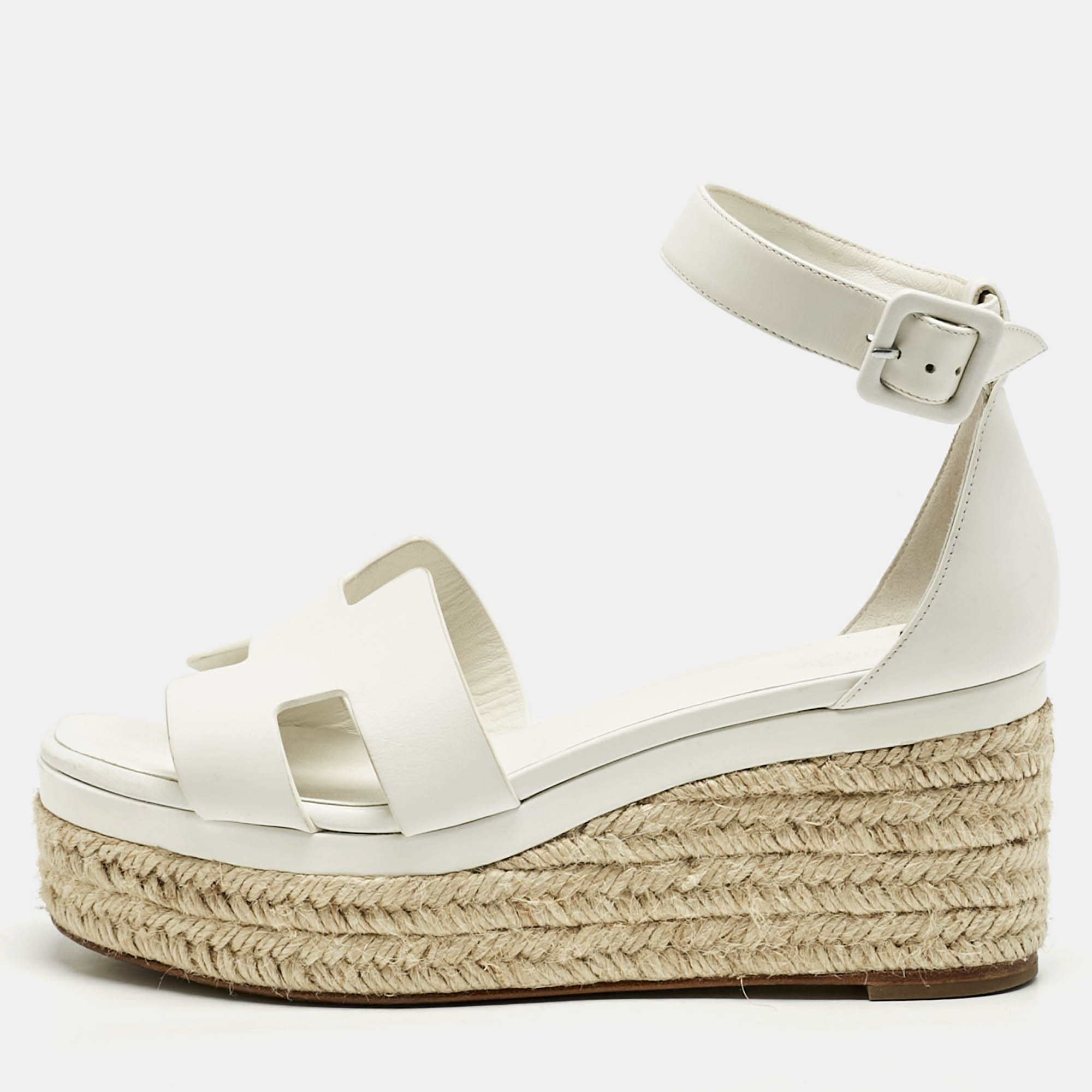 Hermes White Leather Ilana Espadrille Wedge Sandals Size 39