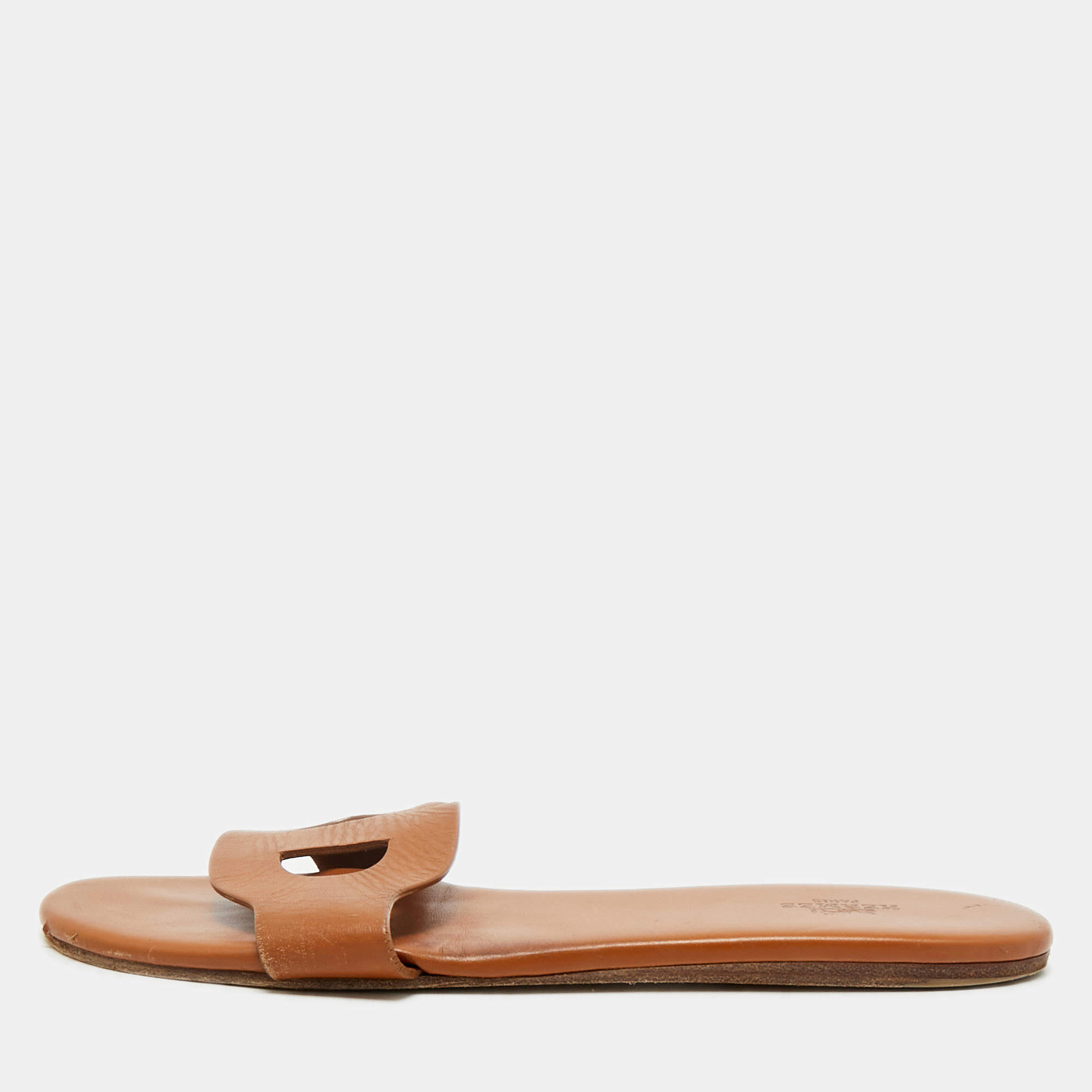 Hermes Brown Leather Lisboa Flat Sandals Size 39